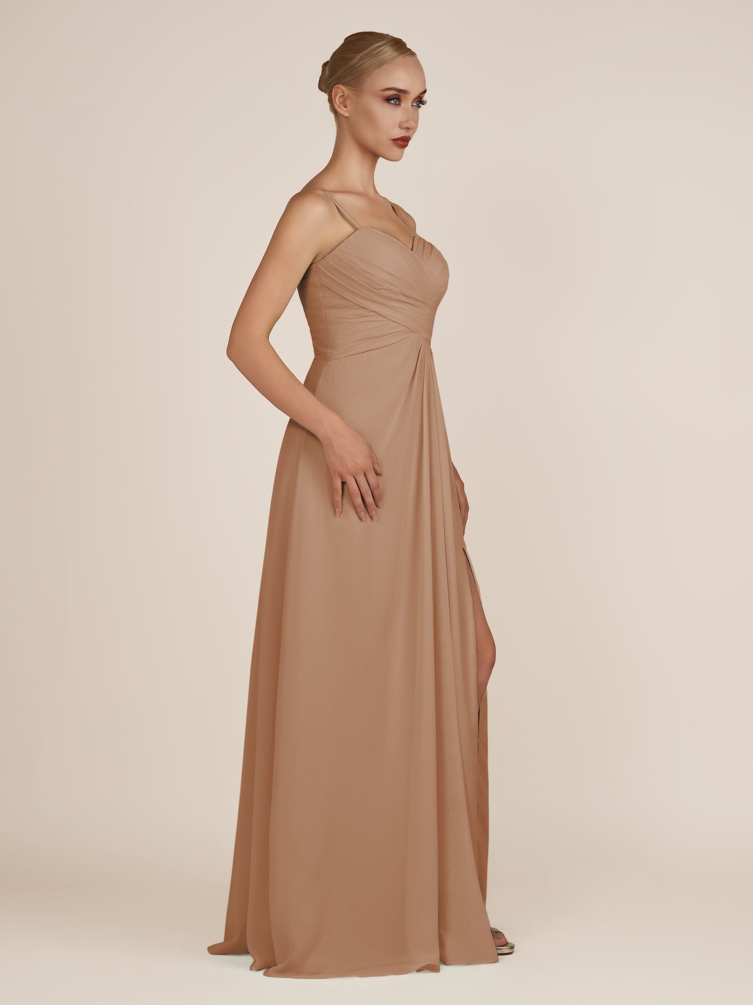 KissDress-Ysolina Bronzer A Line Sweetheart Chiffon Pleated Long Bridesmaid Dress with Slit