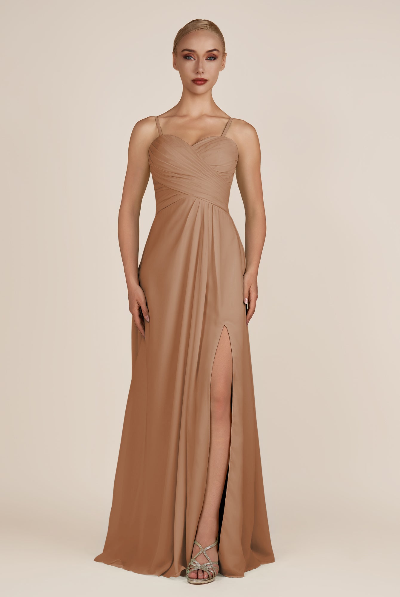 KissDress-Ysolina Bronzer A Line Sweetheart Chiffon Pleated Long Bridesmaid Dress with Slit