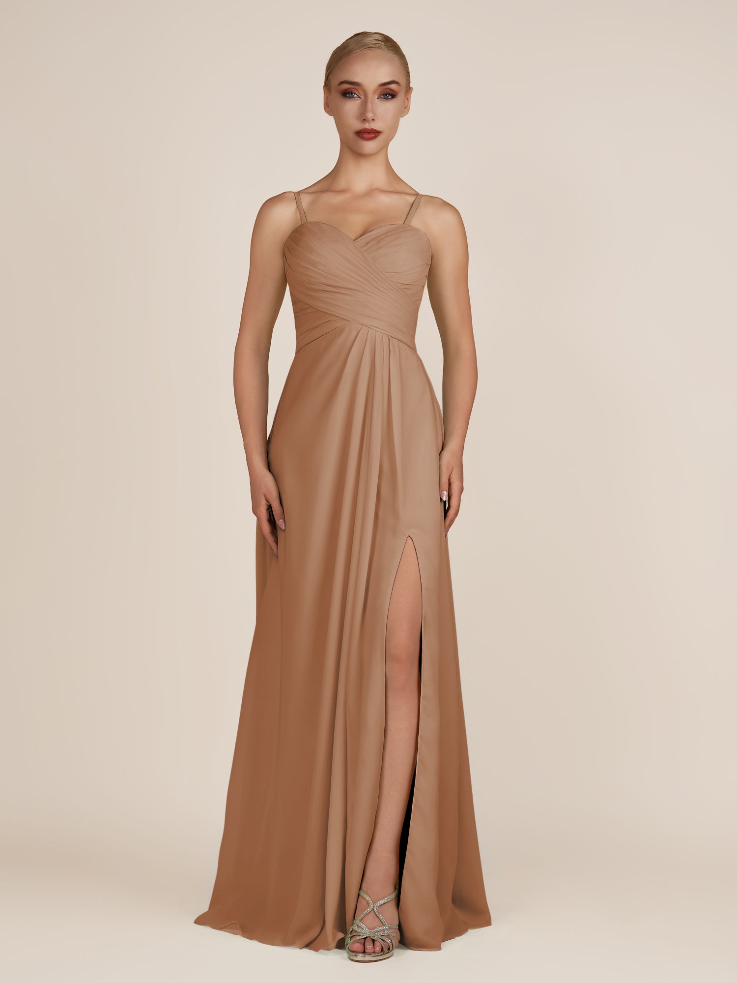 KissDress-Ysolina Bronzer A Line Sweetheart Chiffon Pleated Long Bridesmaid Dress with Slit