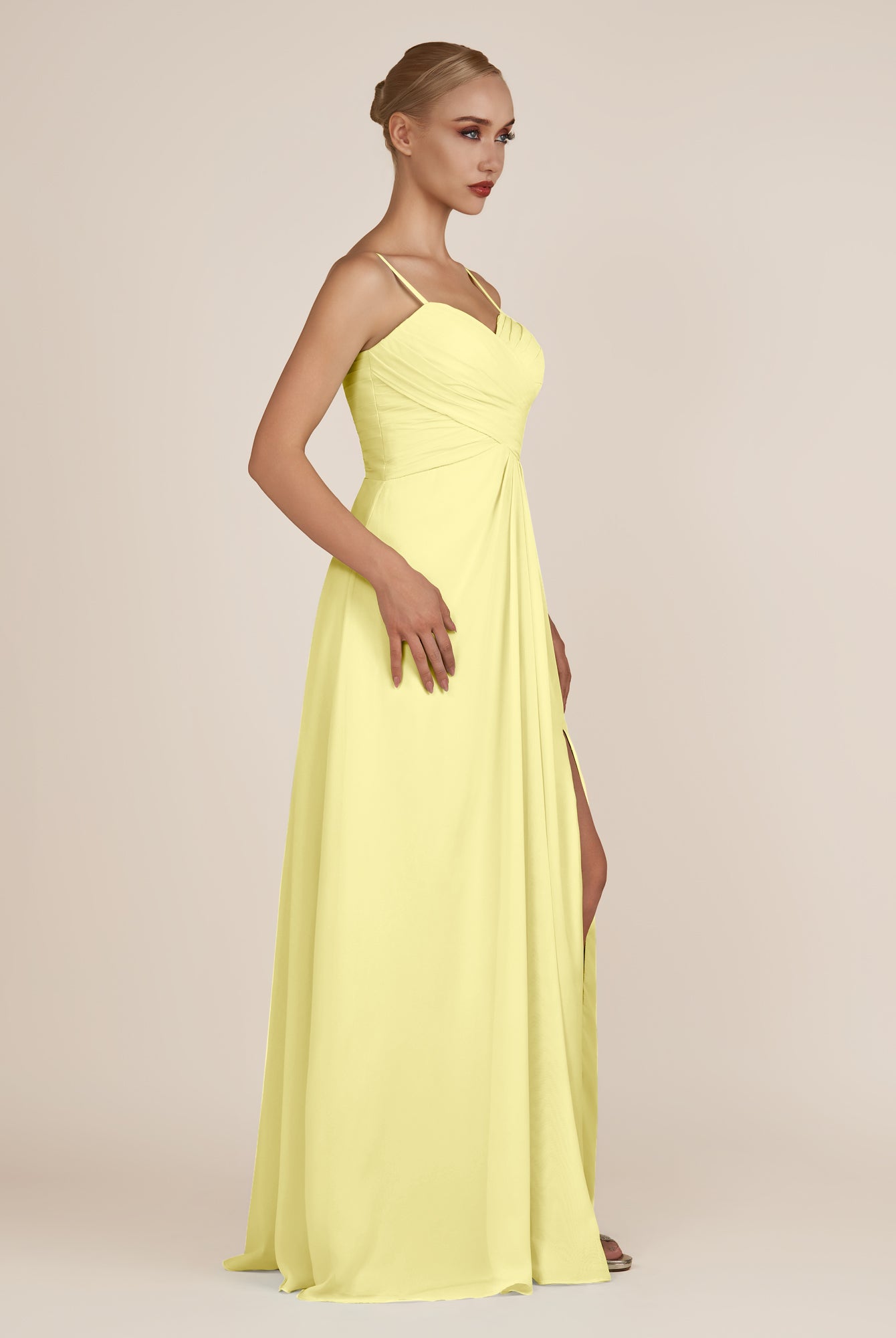 KissDress-Ysolina Buttercup A Line Sweetheart Chiffon Pleated Long Bridesmaid Dress with Slit