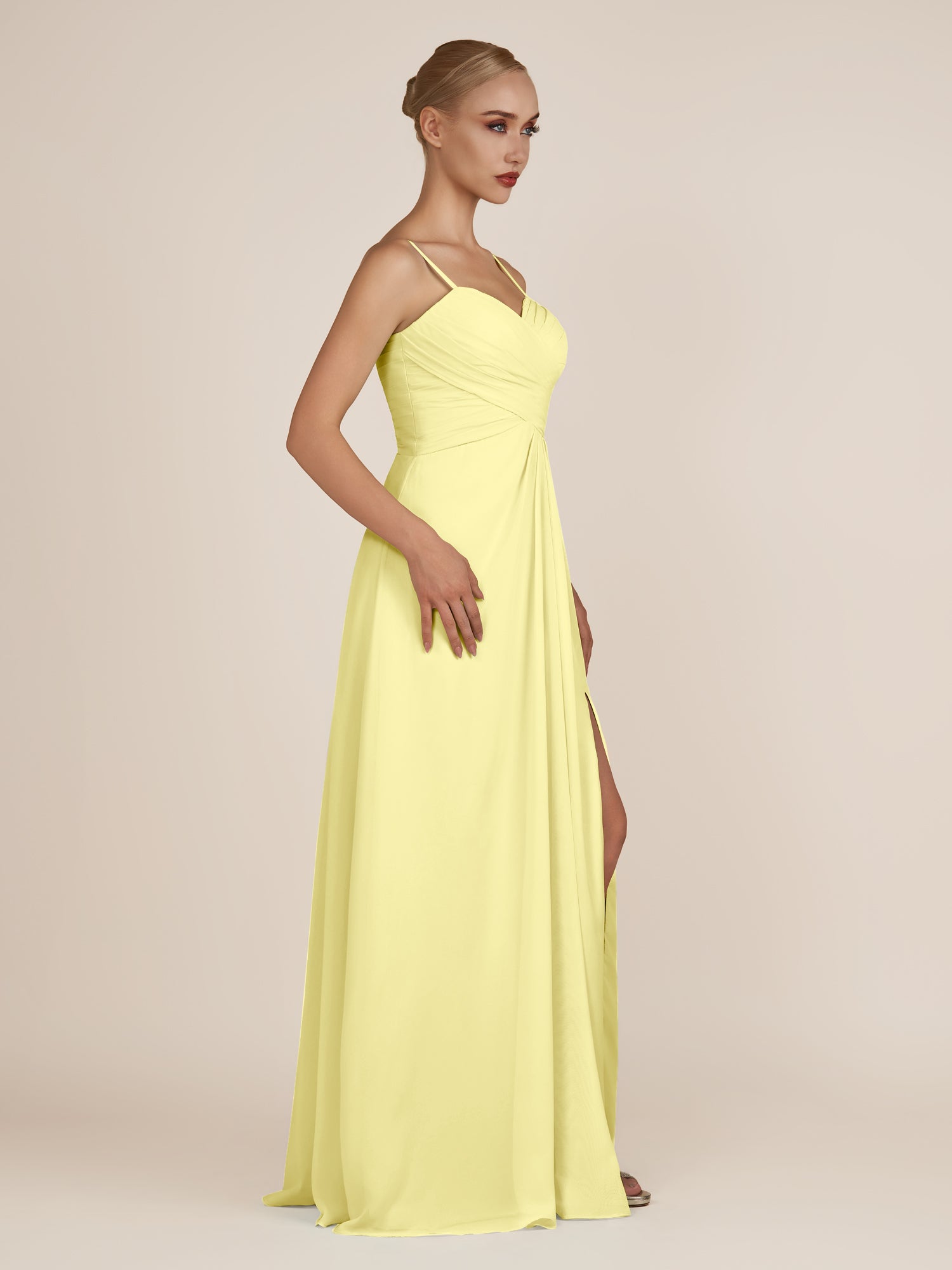 KissDress-Ysolina Buttercup A Line Sweetheart Chiffon Pleated Long Bridesmaid Dress with Slit
