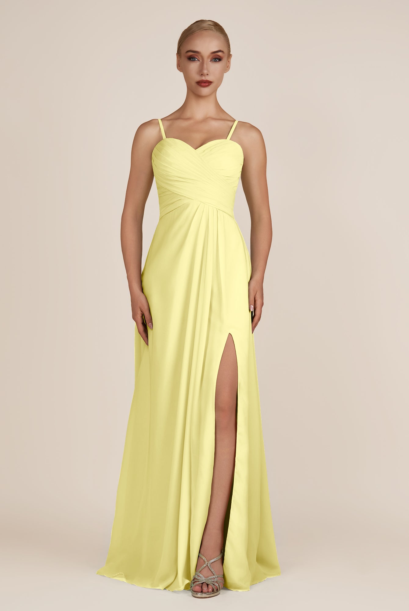 KissDress-Ysolina Buttercup A Line Sweetheart Chiffon Pleated Long Bridesmaid Dress with Slit