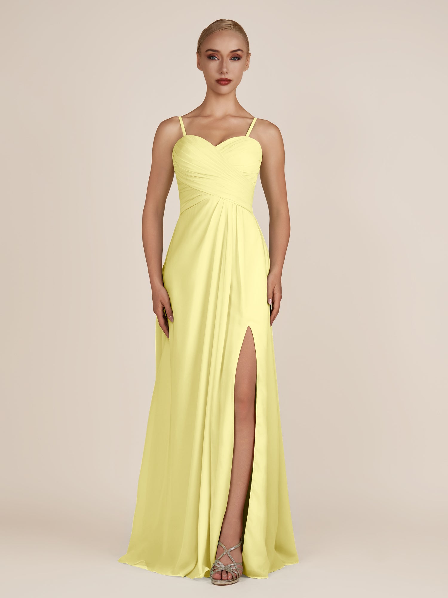 KissDress-Ysolina Buttercup A Line Sweetheart Chiffon Pleated Long Bridesmaid Dress with Slit