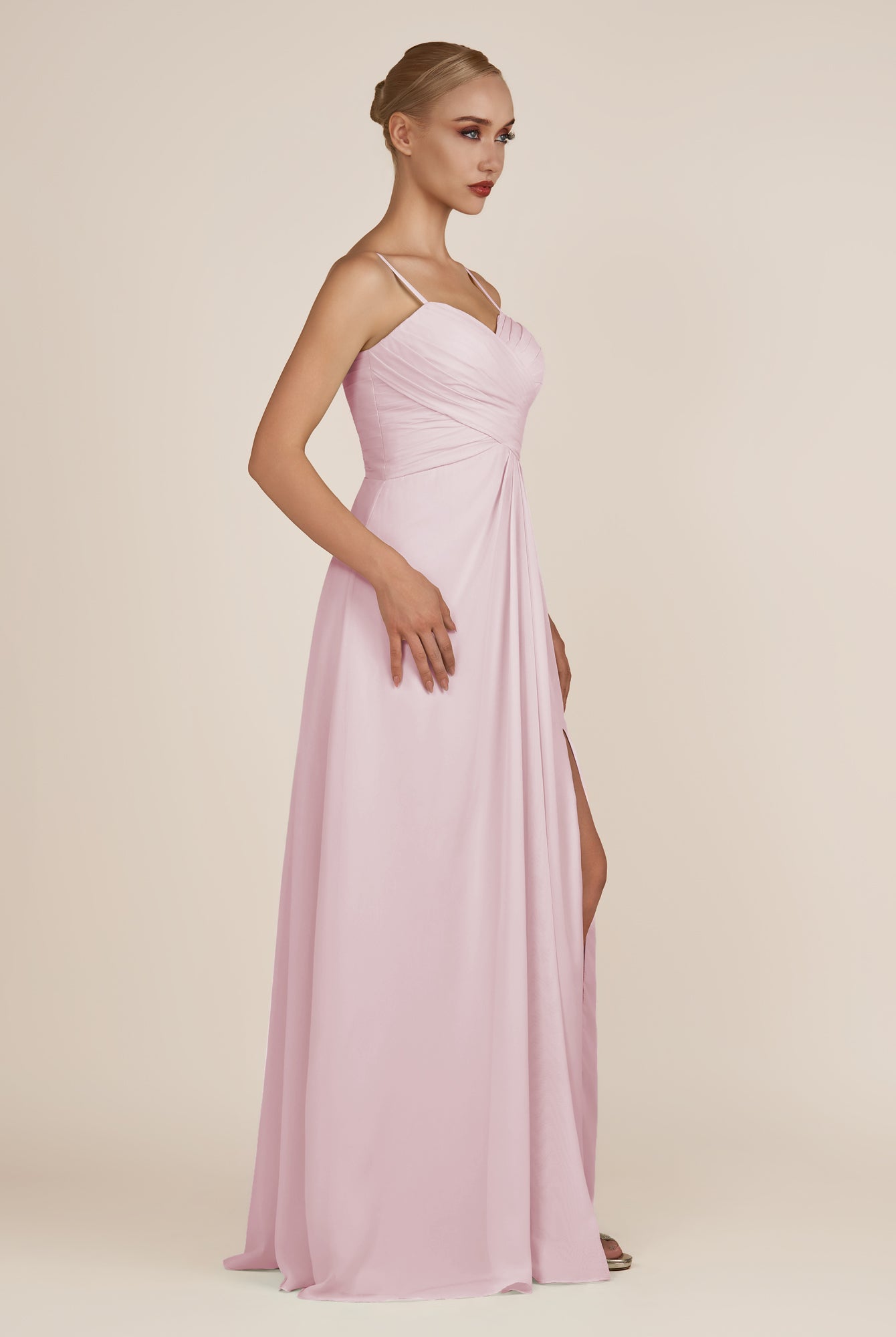 KissDress-Ysolina Candy Pink A Line Sweetheart Chiffon Pleated Long Bridesmaid Dress with Slit