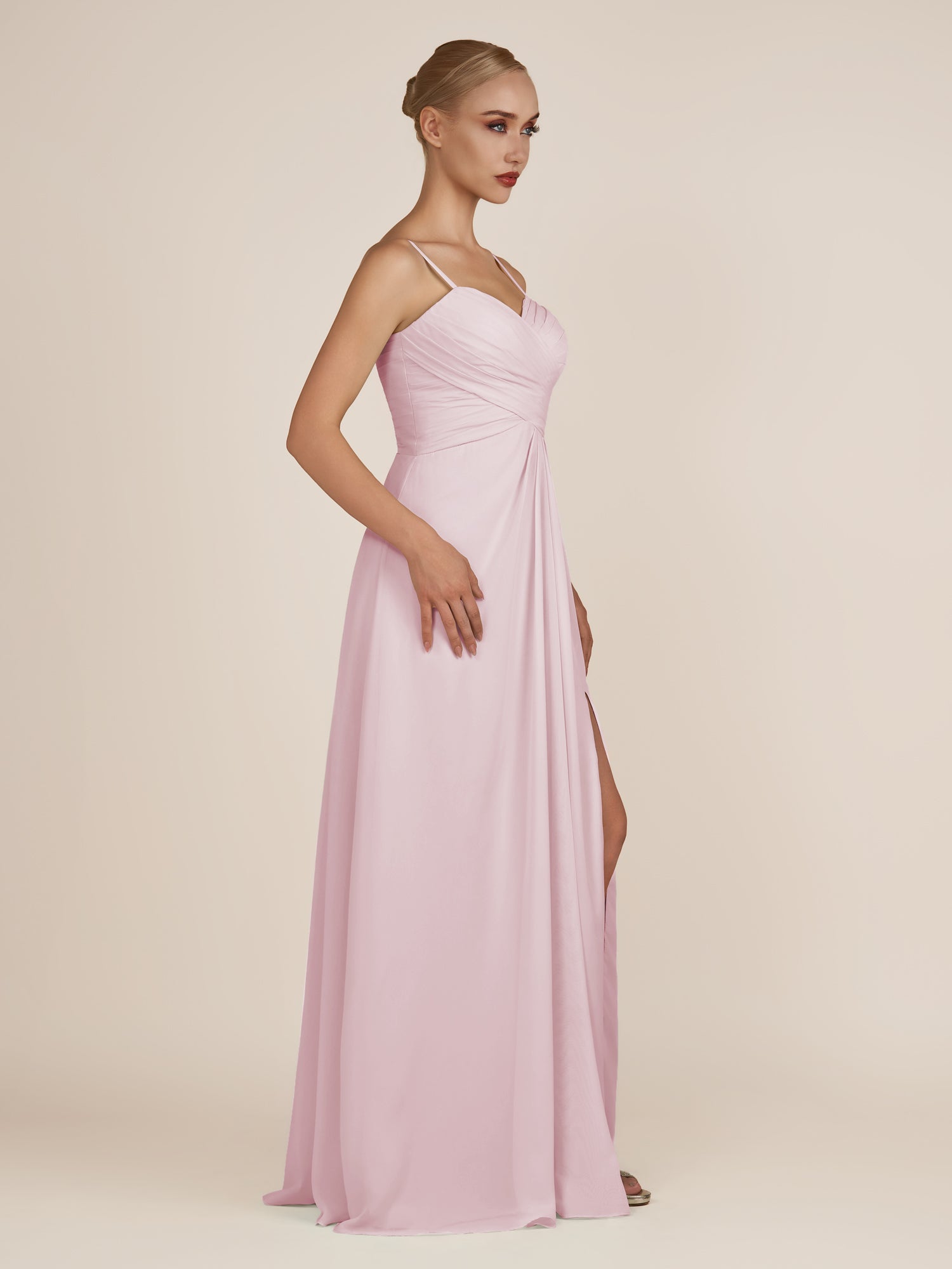 KissDress-Ysolina Candy Pink A Line Sweetheart Chiffon Pleated Long Bridesmaid Dress with Slit