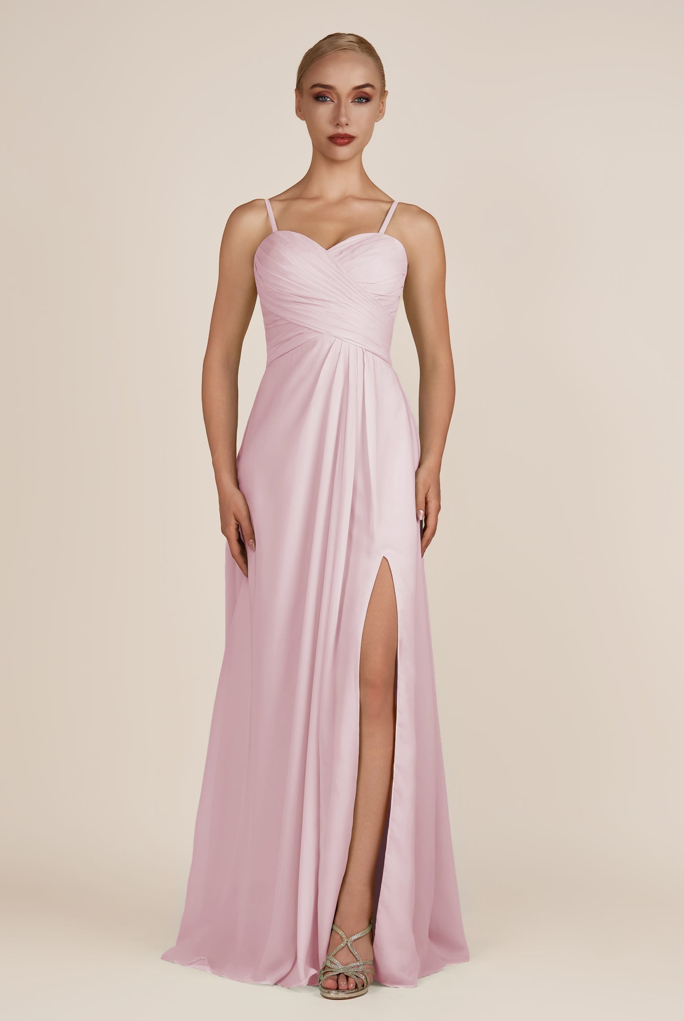 KissDress-Ysolina Candy Pink A Line Sweetheart Chiffon Pleated Long Bridesmaid Dress with Slit