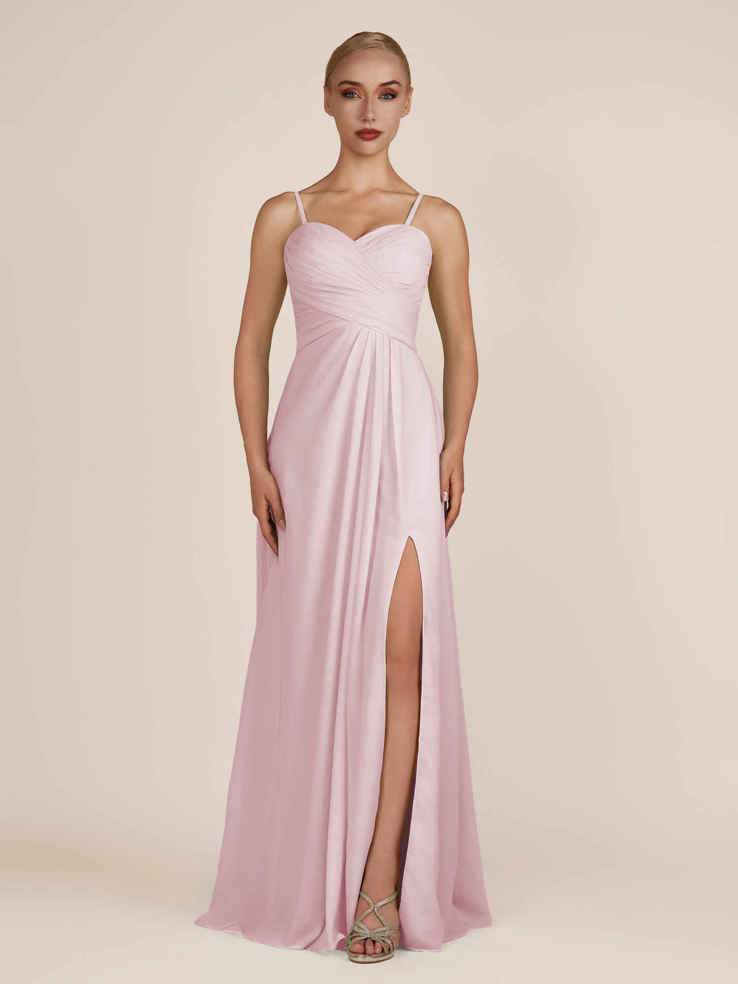 KissDress-Ysolina Candy Pink A Line Sweetheart Chiffon Pleated Long Bridesmaid Dress with Slit