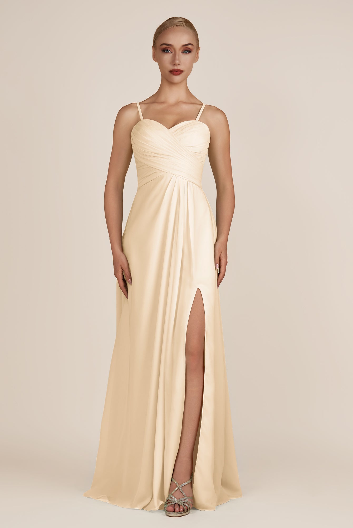 KissDress-Ysolina Champagne A Line Sweetheart Chiffon Pleated Long Bridesmaid Dress with Slit