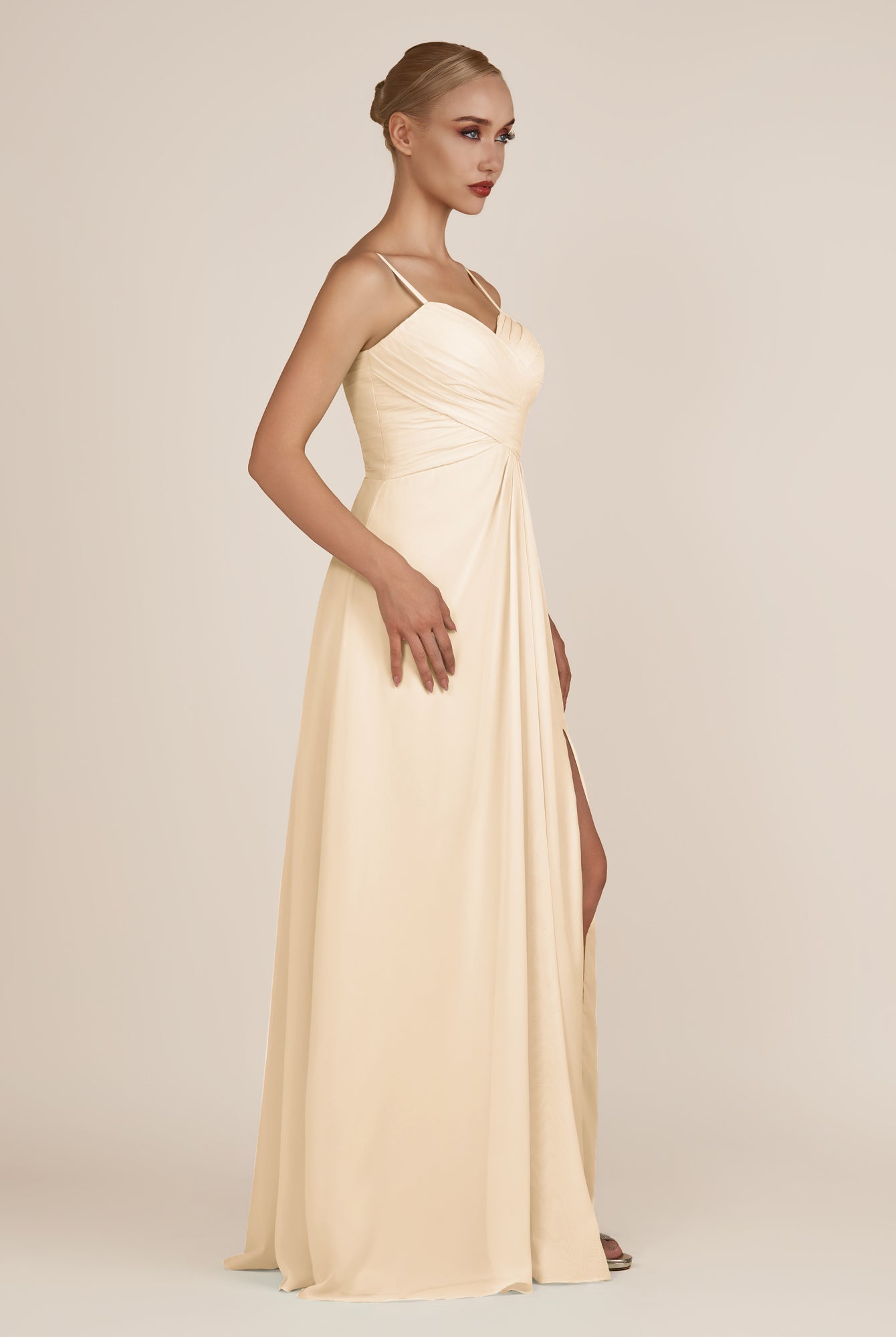 KissDress-Ysolina Champagne A Line Sweetheart Chiffon Pleated Long Bridesmaid Dress with Slit
