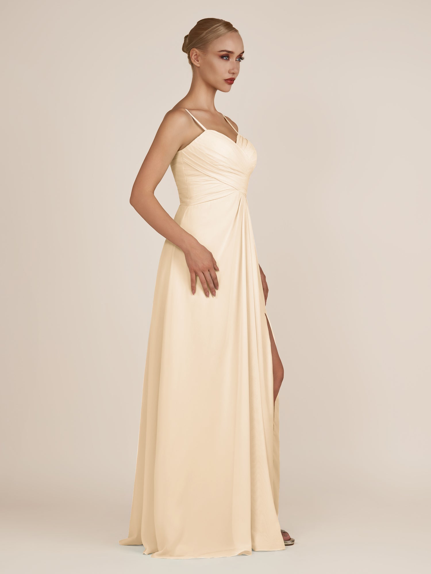KissDress-Ysolina Champagne A Line Sweetheart Chiffon Pleated Long Bridesmaid Dress with Slit