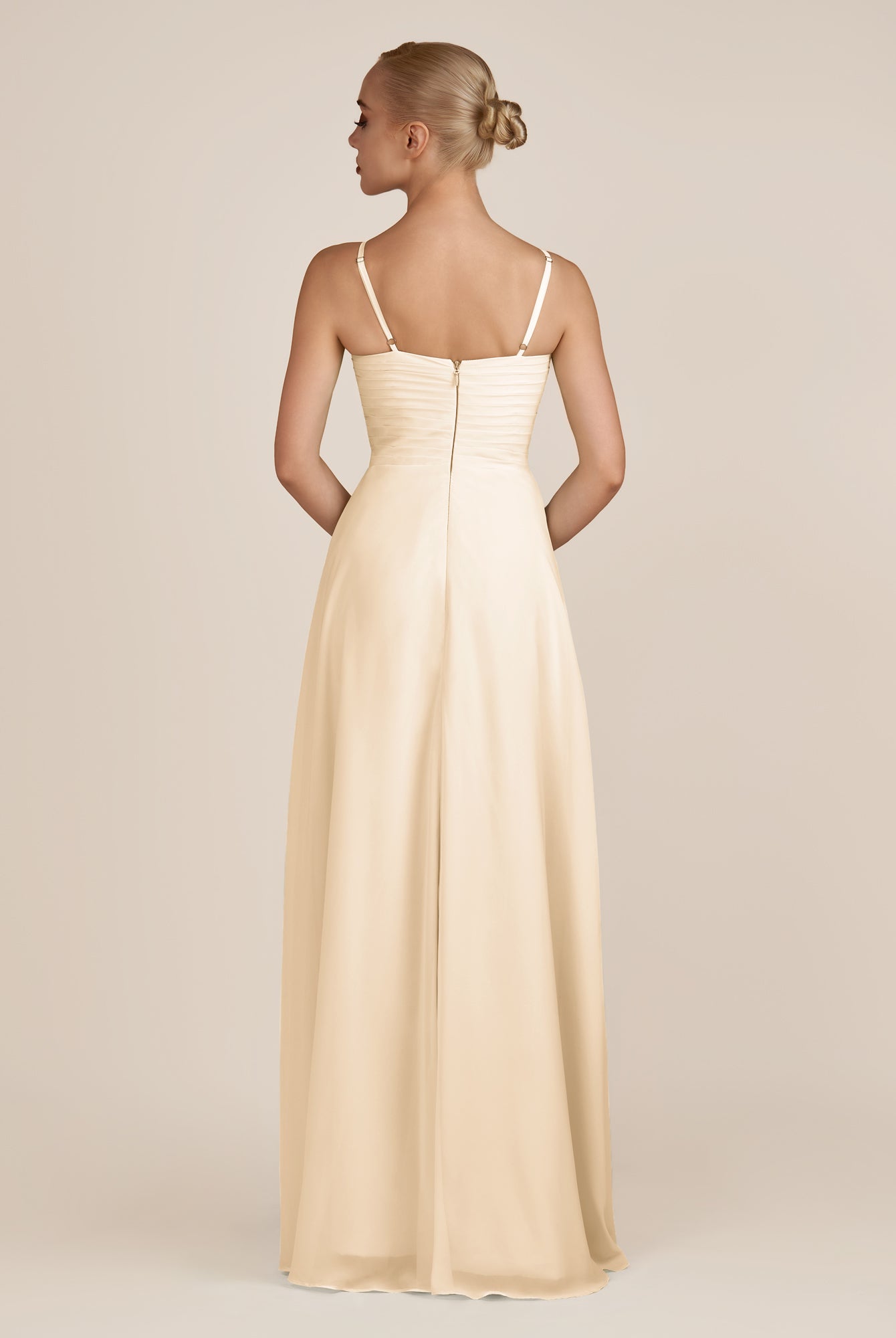 KissDress-Ysolina Champagne A Line Sweetheart Chiffon Pleated Long Bridesmaid Dress with Slit