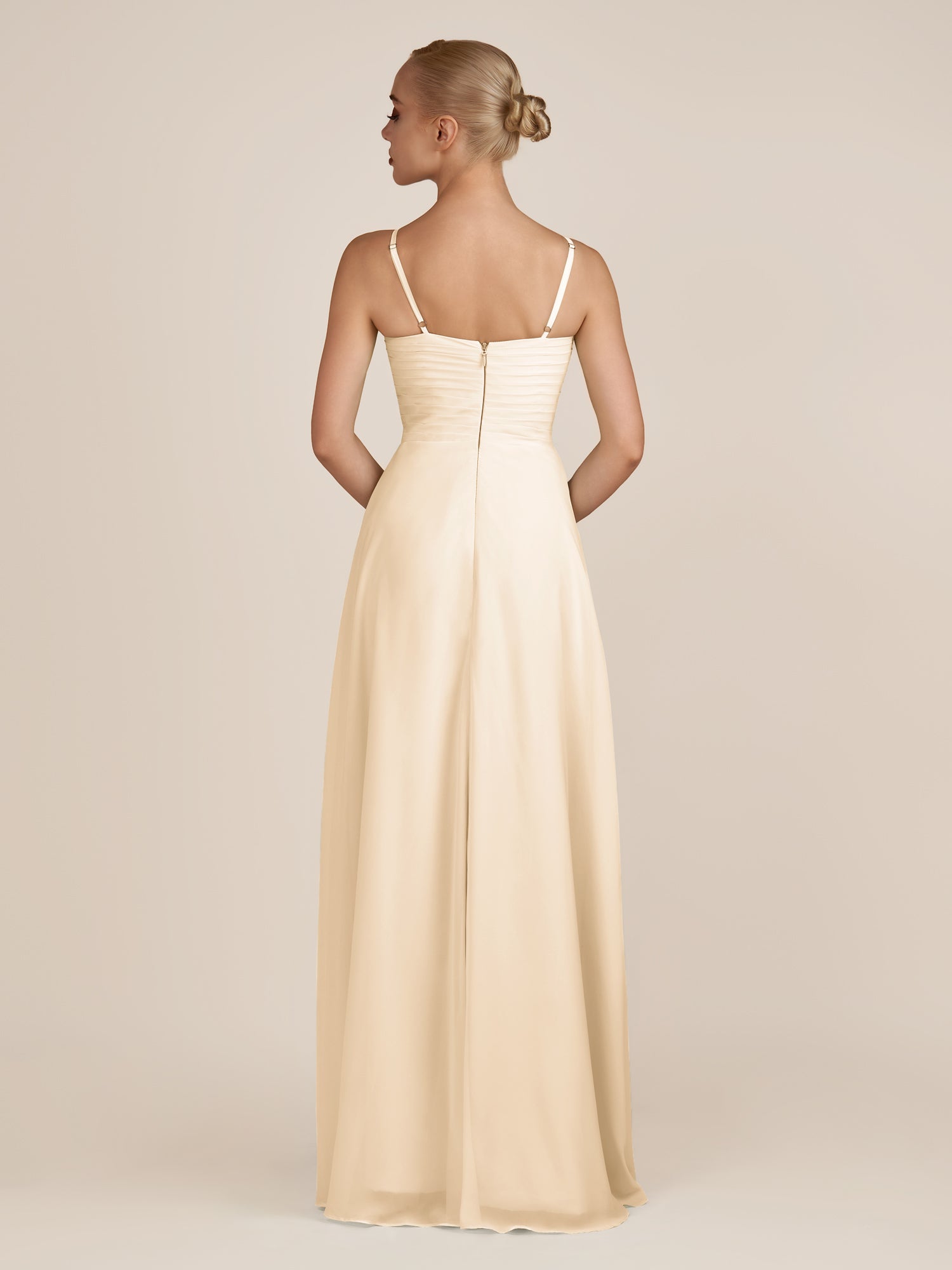 KissDress-Ysolina Champagne A Line Sweetheart Chiffon Pleated Long Bridesmaid Dress with Slit