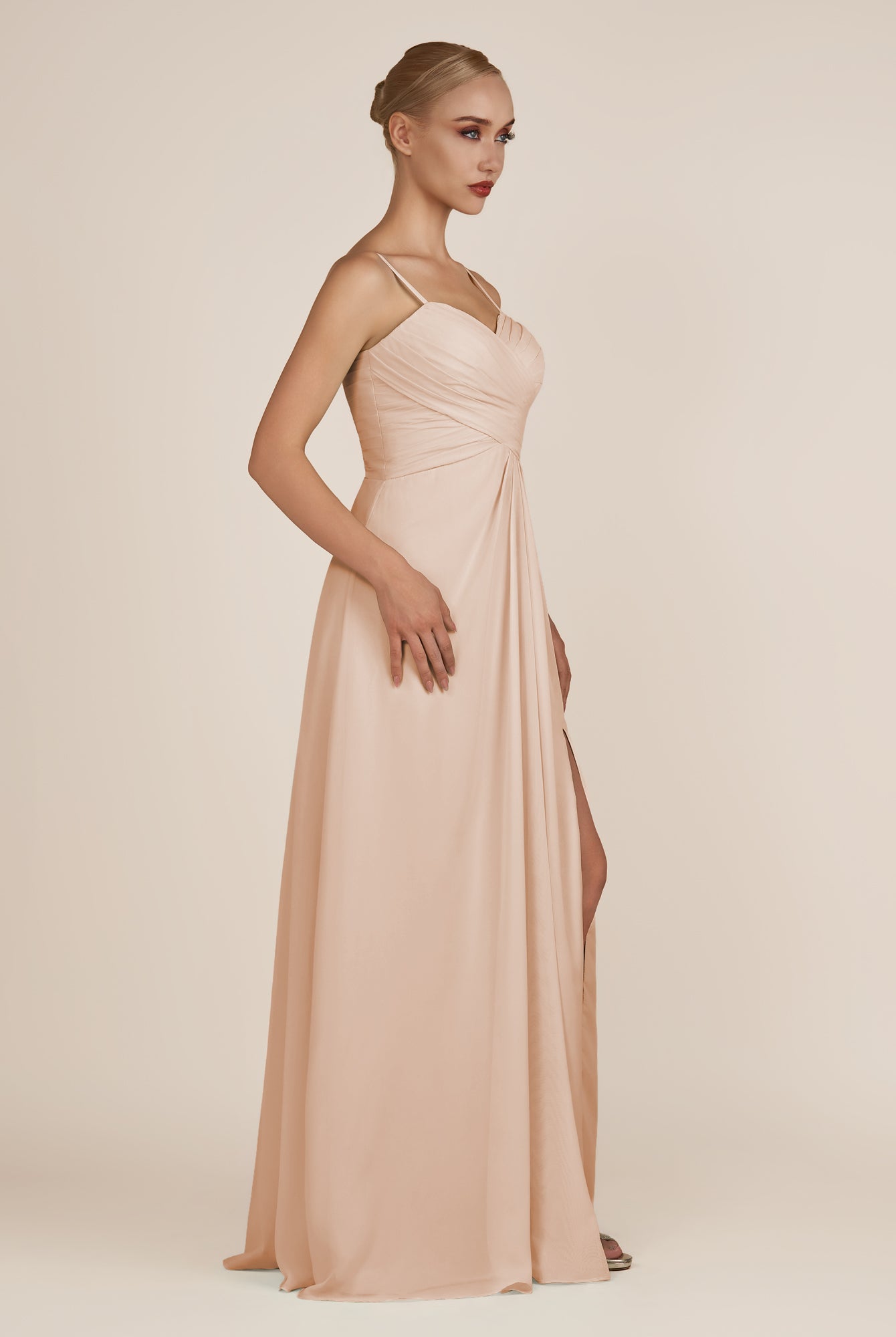 KissDress-Ysolina Champagne Rose A Line Sweetheart Chiffon Pleated Long Bridesmaid Dress with Slit