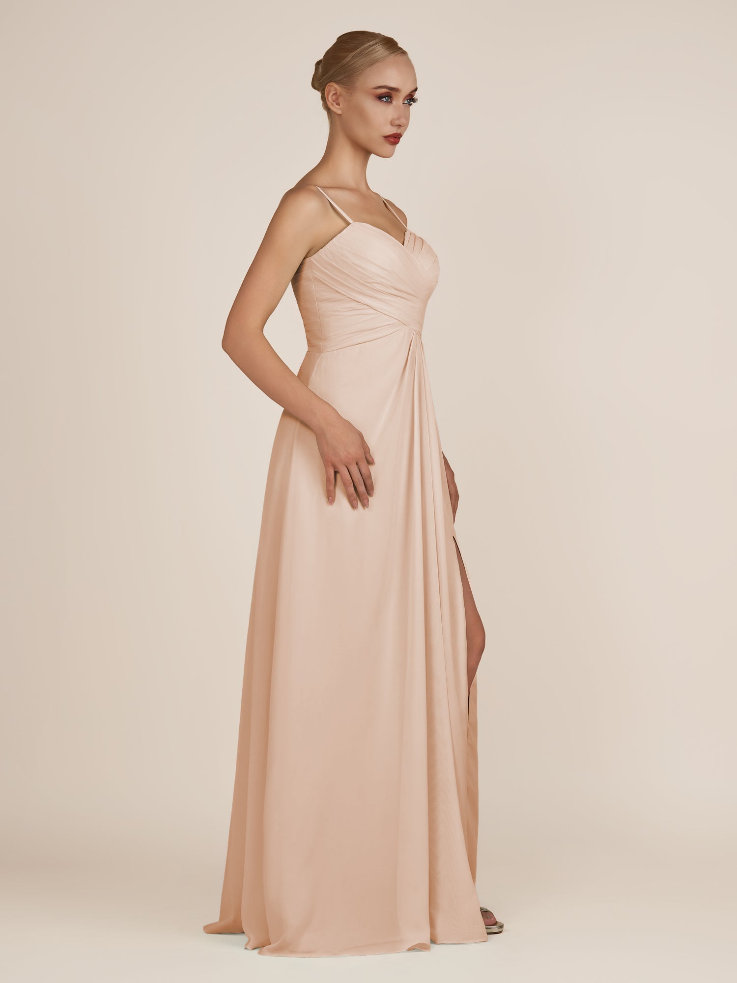 KissDress-Ysolina Champagne Rose A Line Sweetheart Chiffon Pleated Long Bridesmaid Dress with Slit