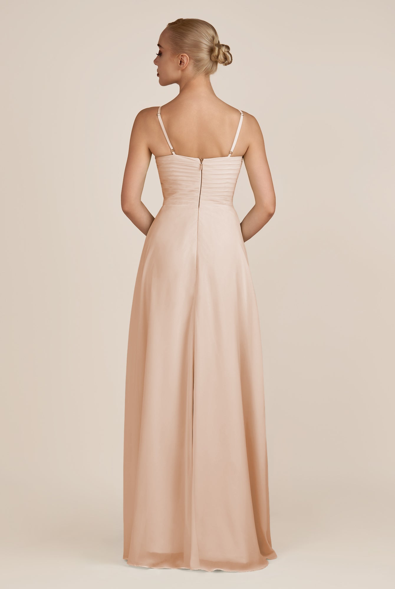 KissDress-Ysolina Champagne Rose A Line Sweetheart Chiffon Pleated Long Bridesmaid Dress with Slit