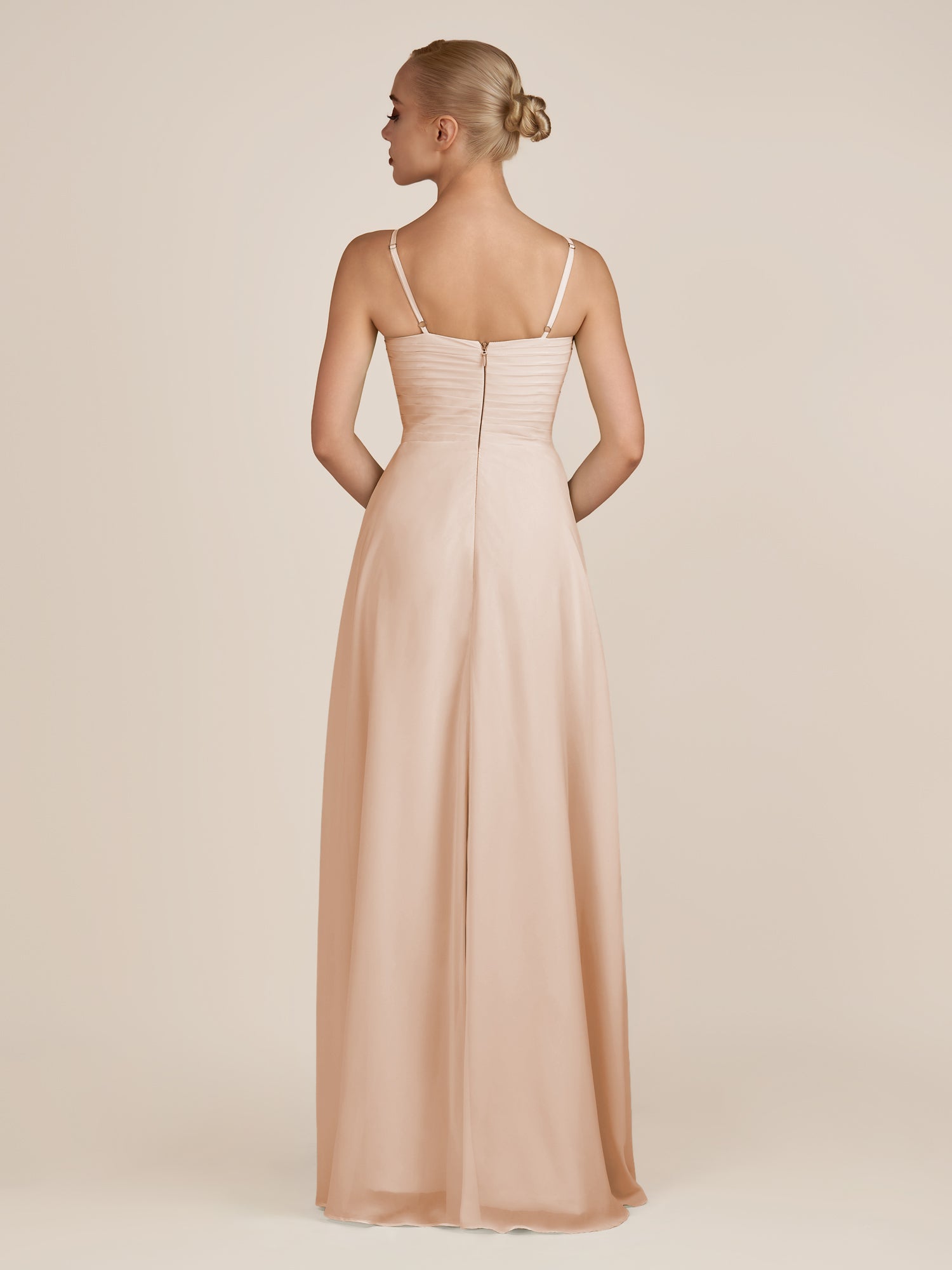 KissDress-Ysolina Champagne Rose A Line Sweetheart Chiffon Pleated Long Bridesmaid Dress with Slit
