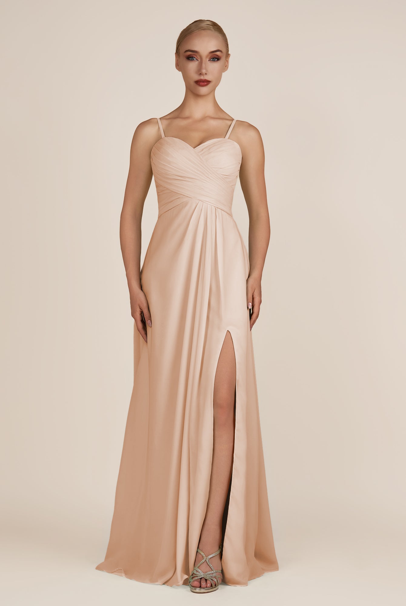 KissDress-Ysolina Champagne Rose A Line Sweetheart Chiffon Pleated Long Bridesmaid Dress with Slit