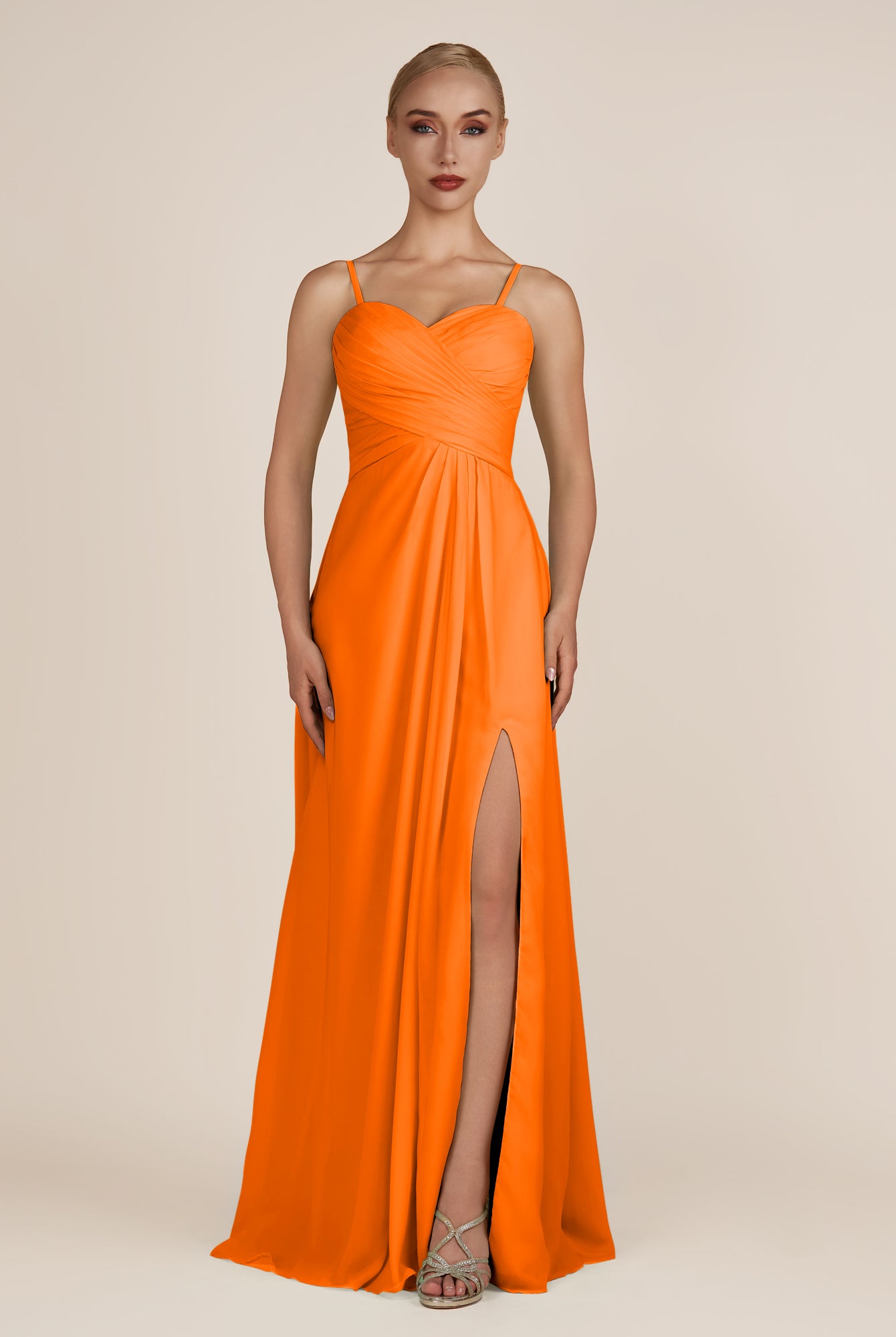 KissDress-Ysolina Cinnamon A Line Sweetheart Chiffon Pleated Long Bridesmaid Dress with Slit