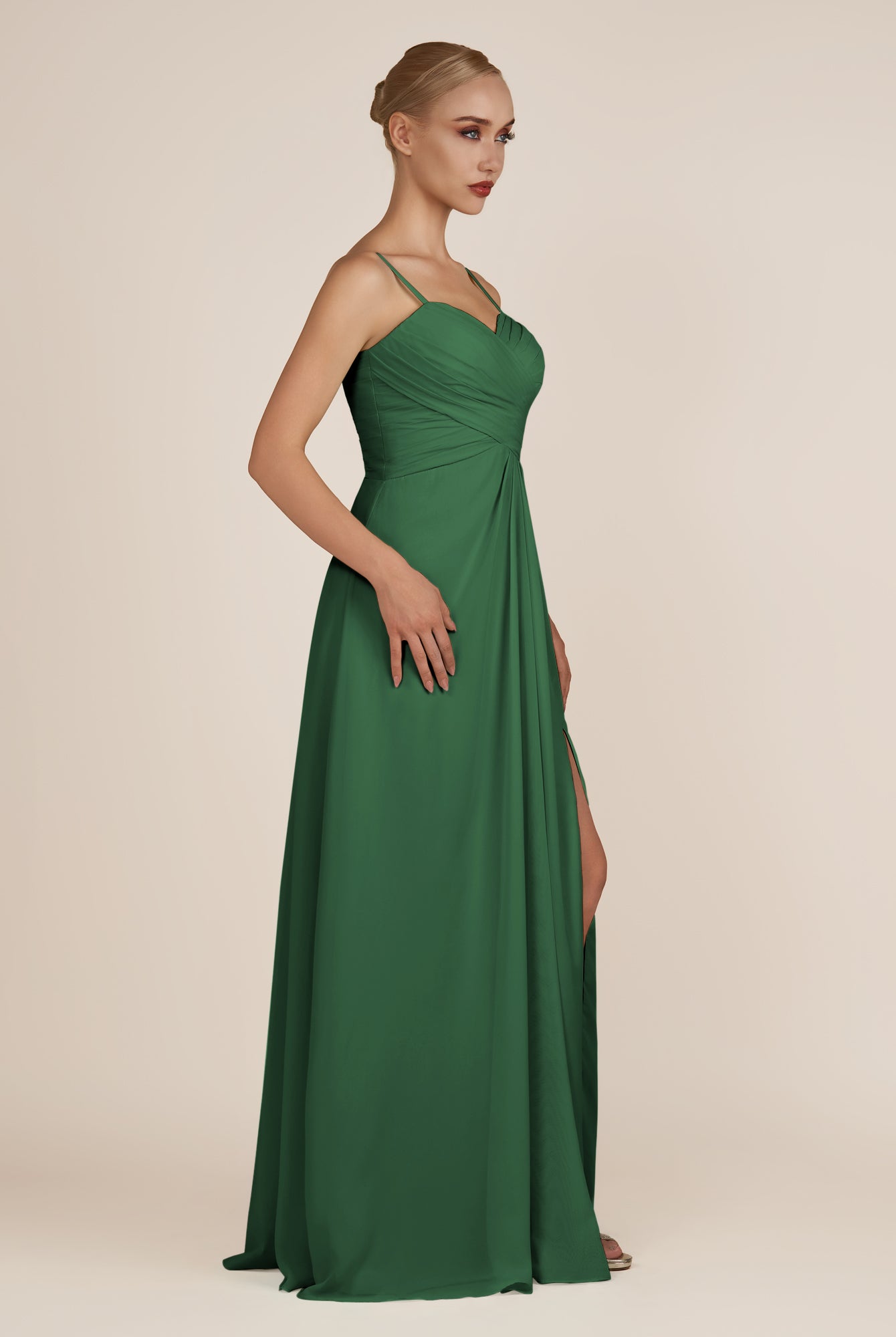 KissDress-Ysolina Dark Green A Line Sweetheart Chiffon Pleated Long Bridesmaid Dress with Slit