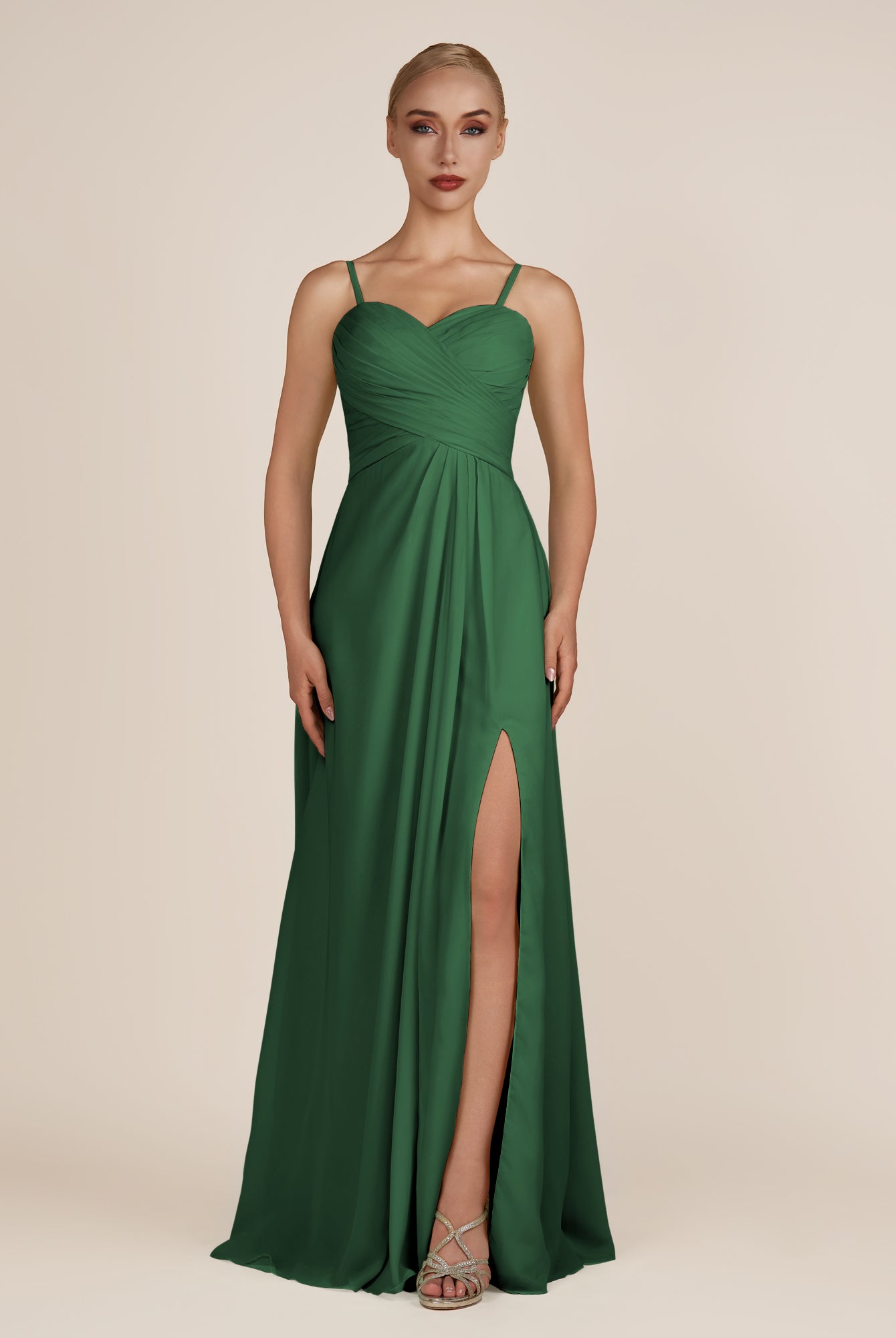KissDress-Ysolina Dark Green A Line Sweetheart Chiffon Pleated Long Bridesmaid Dress with Slit