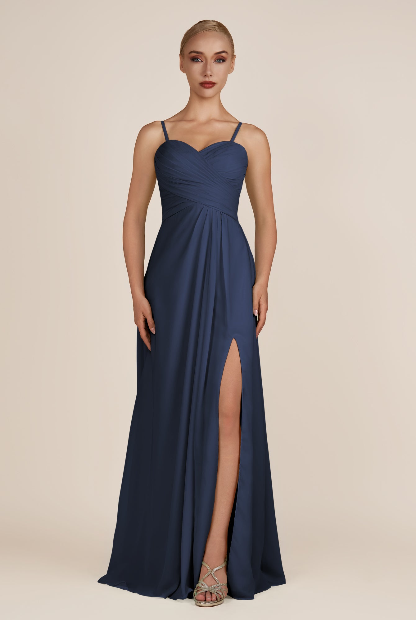 KissDress-Ysolina Dark Navy A Line Sweetheart Chiffon Pleated Long Bridesmaid Dress with Slit