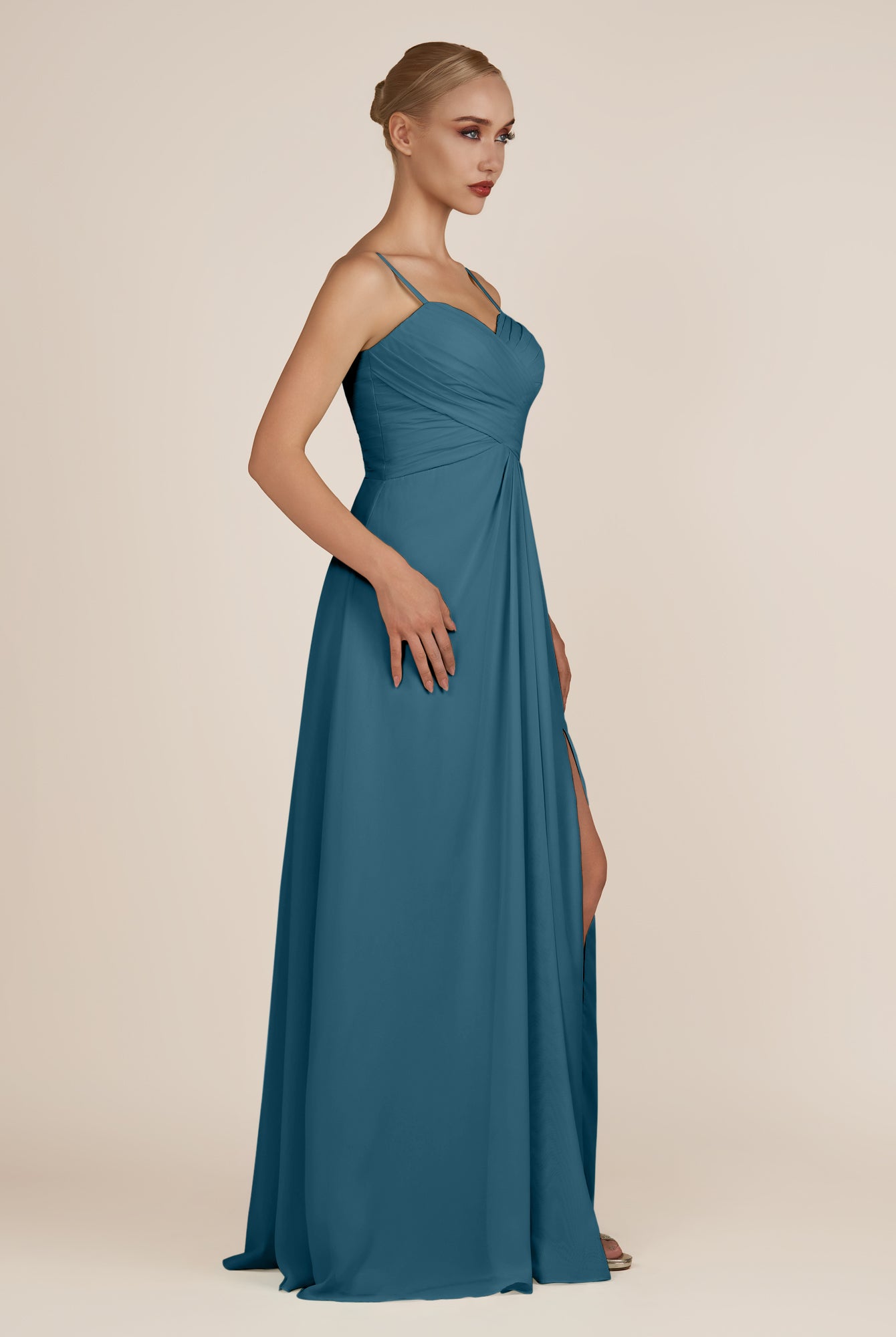 KissDress-Ysolina Dark Teal A Line Sweetheart Chiffon Pleated Long Bridesmaid Dress with Slit