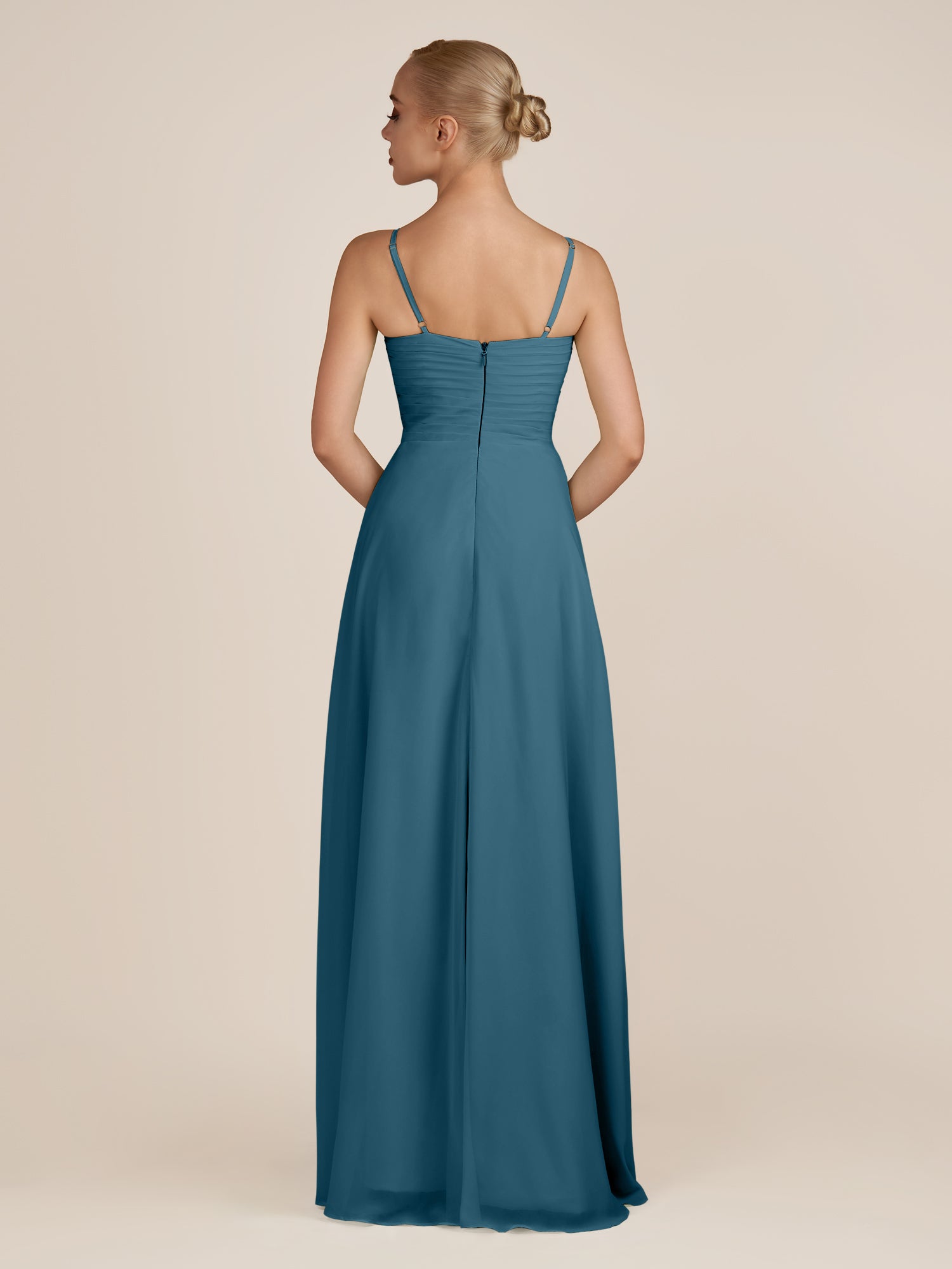 KissDress-Ysolina Dark Teal A Line Sweetheart Chiffon Pleated Long Bridesmaid Dress with Slit