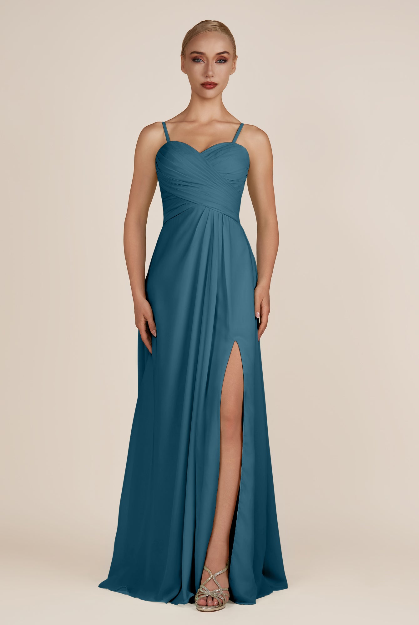 KissDress-Ysolina Dark Teal A Line Sweetheart Chiffon Pleated Long Bridesmaid Dress with Slit