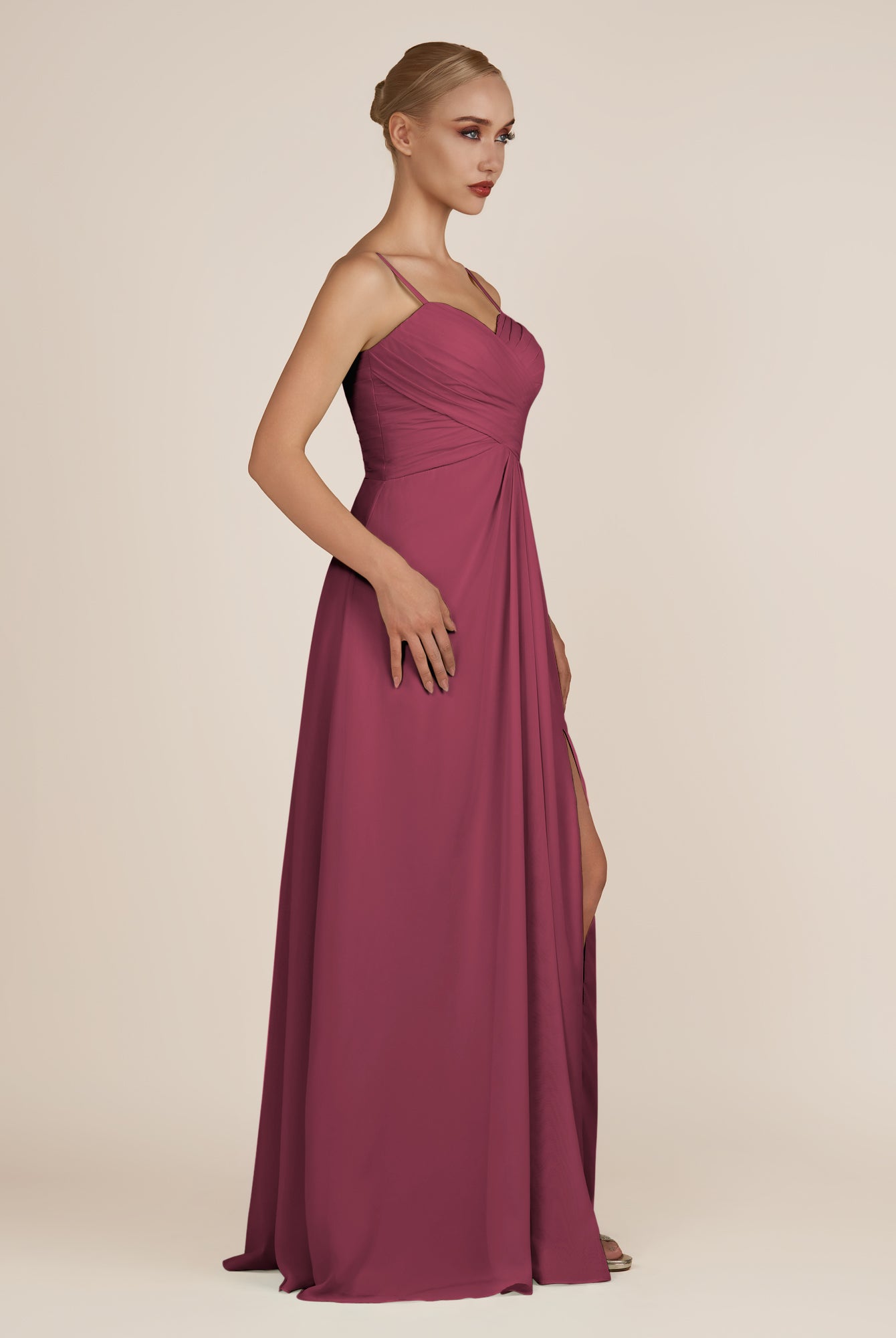 KissDress-Ysolina Desert Rose A Line Sweetheart Chiffon Pleated Long Bridesmaid Dress with Slit