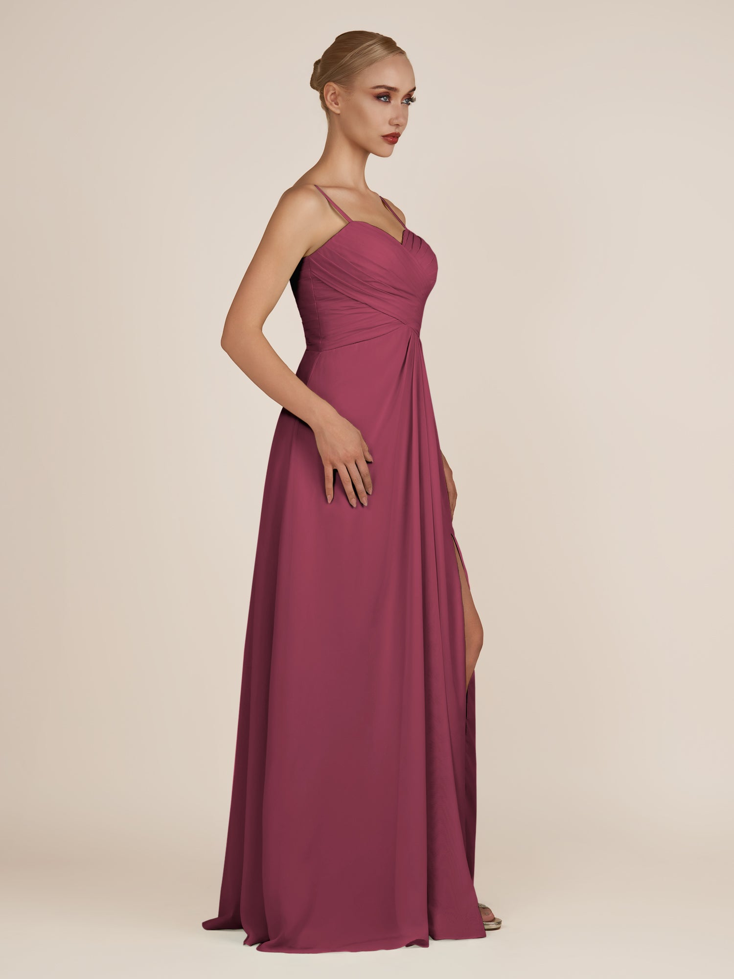 KissDress-Ysolina Desert Rose A Line Sweetheart Chiffon Pleated Long Bridesmaid Dress with Slit