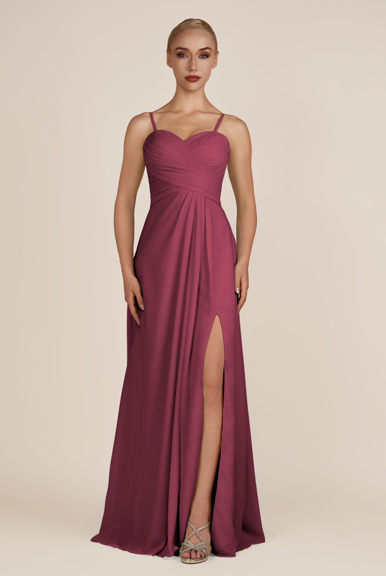 KissDress-Ysolina Desert Rose A Line Sweetheart Chiffon Pleated Long Bridesmaid Dress with Slit