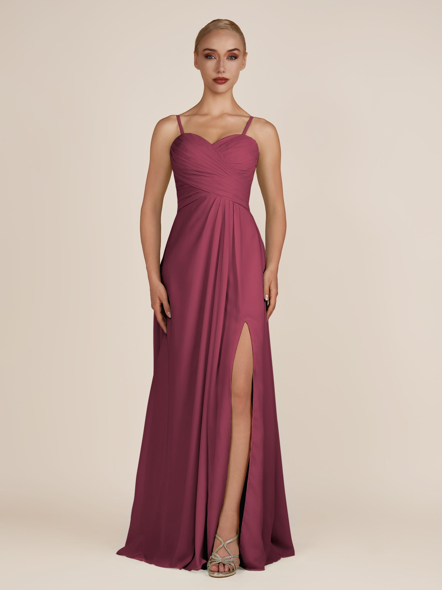 KissDress-Ysolina Desert Rose A Line Sweetheart Chiffon Pleated Long Bridesmaid Dress with Slit