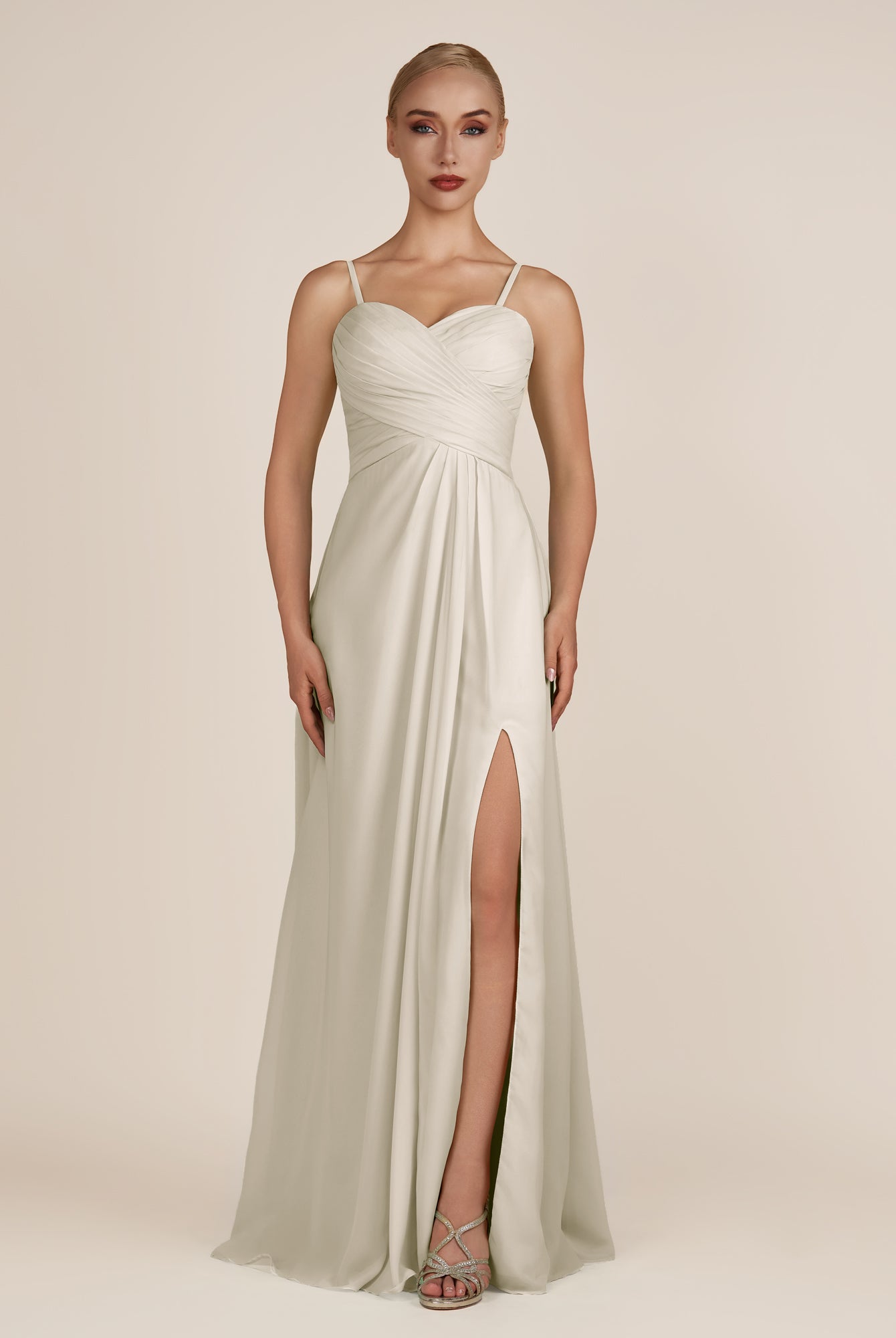 KissDress-Ysolina Dove Gray A Line Sweetheart Chiffon Pleated Long Bridesmaid Dress with Slit