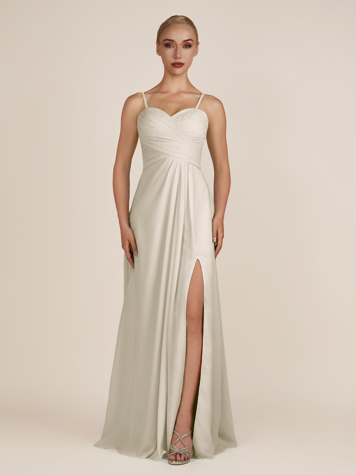KissDress-Ysolina Dove Gray A Line Sweetheart Chiffon Pleated Long Bridesmaid Dress with Slit