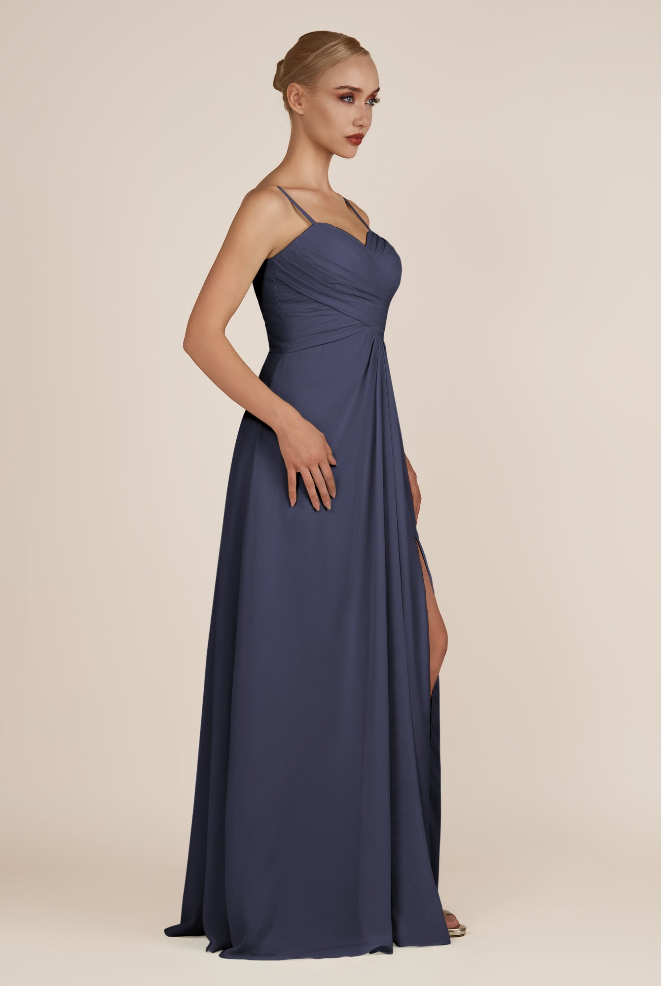 KissDress-Ysolina Dusk Blue A Line Sweetheart Chiffon Pleated Long Bridesmaid Dress with Slit
