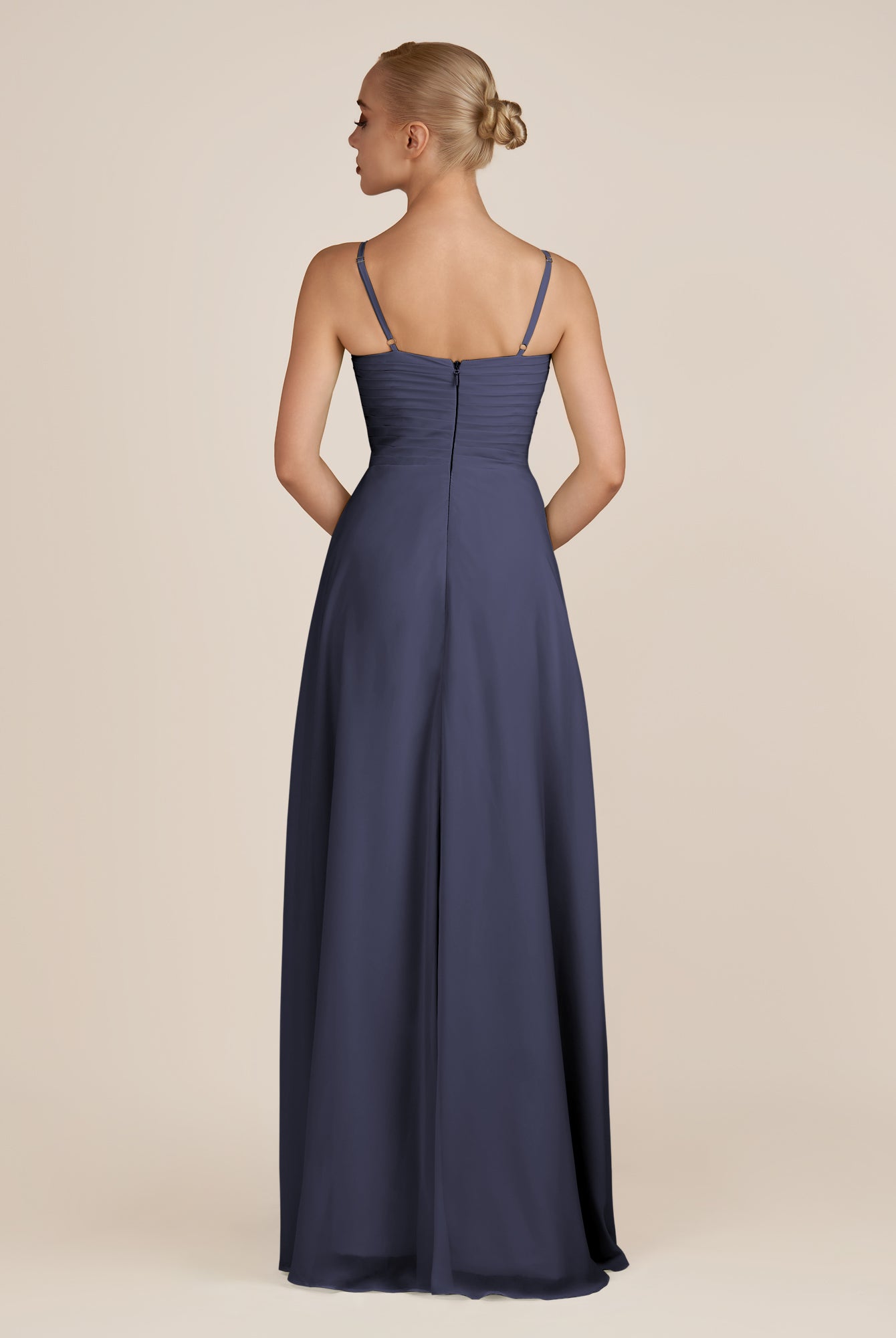 KissDress-Ysolina Dusk Blue A Line Sweetheart Chiffon Pleated Long Bridesmaid Dress with Slit