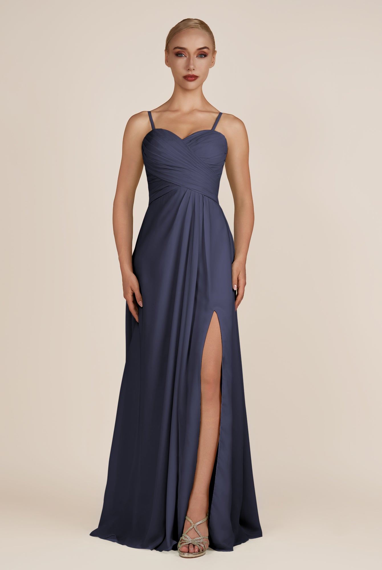 KissDress-Ysolina Dusk Blue A Line Sweetheart Chiffon Pleated Long Bridesmaid Dress with Slit