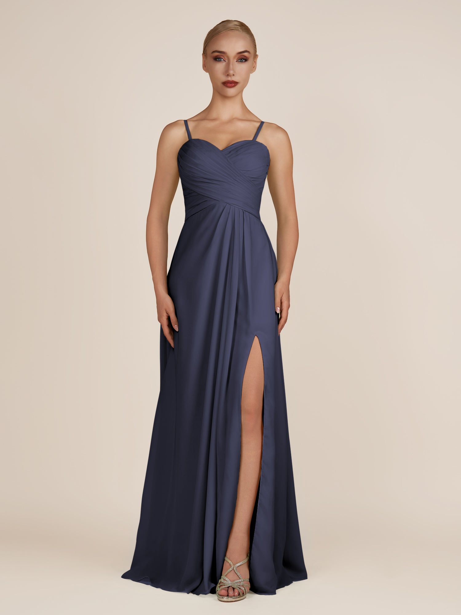 KissDress-Ysolina Dusk Blue A Line Sweetheart Chiffon Pleated Long Bridesmaid Dress with Slit