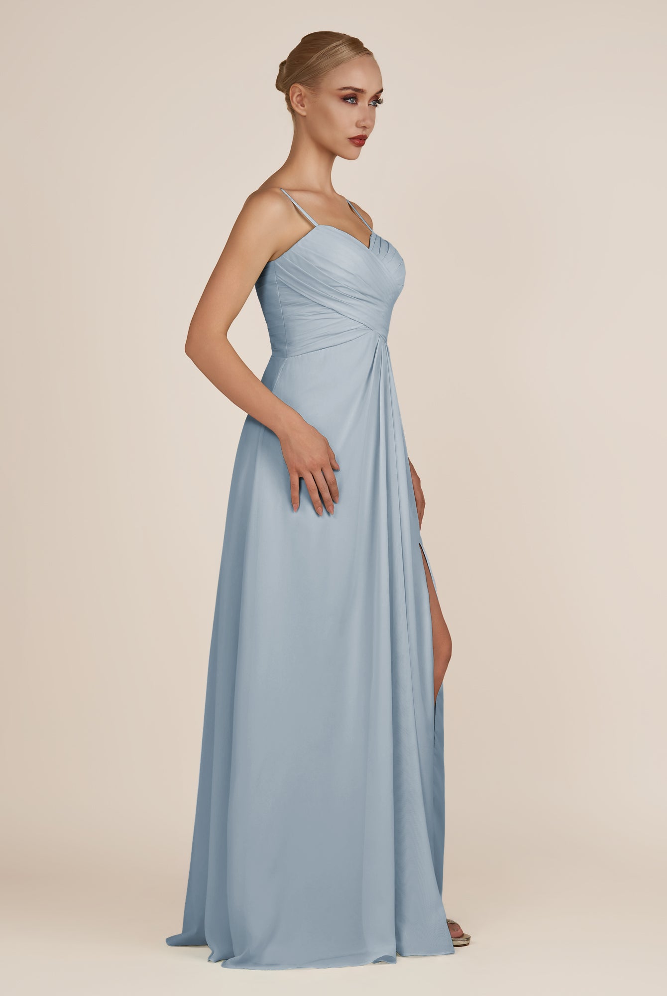 KissDress-Ysolina Dusty Blue A Line Sweetheart Chiffon Pleated Long Bridesmaid Dress with Slit