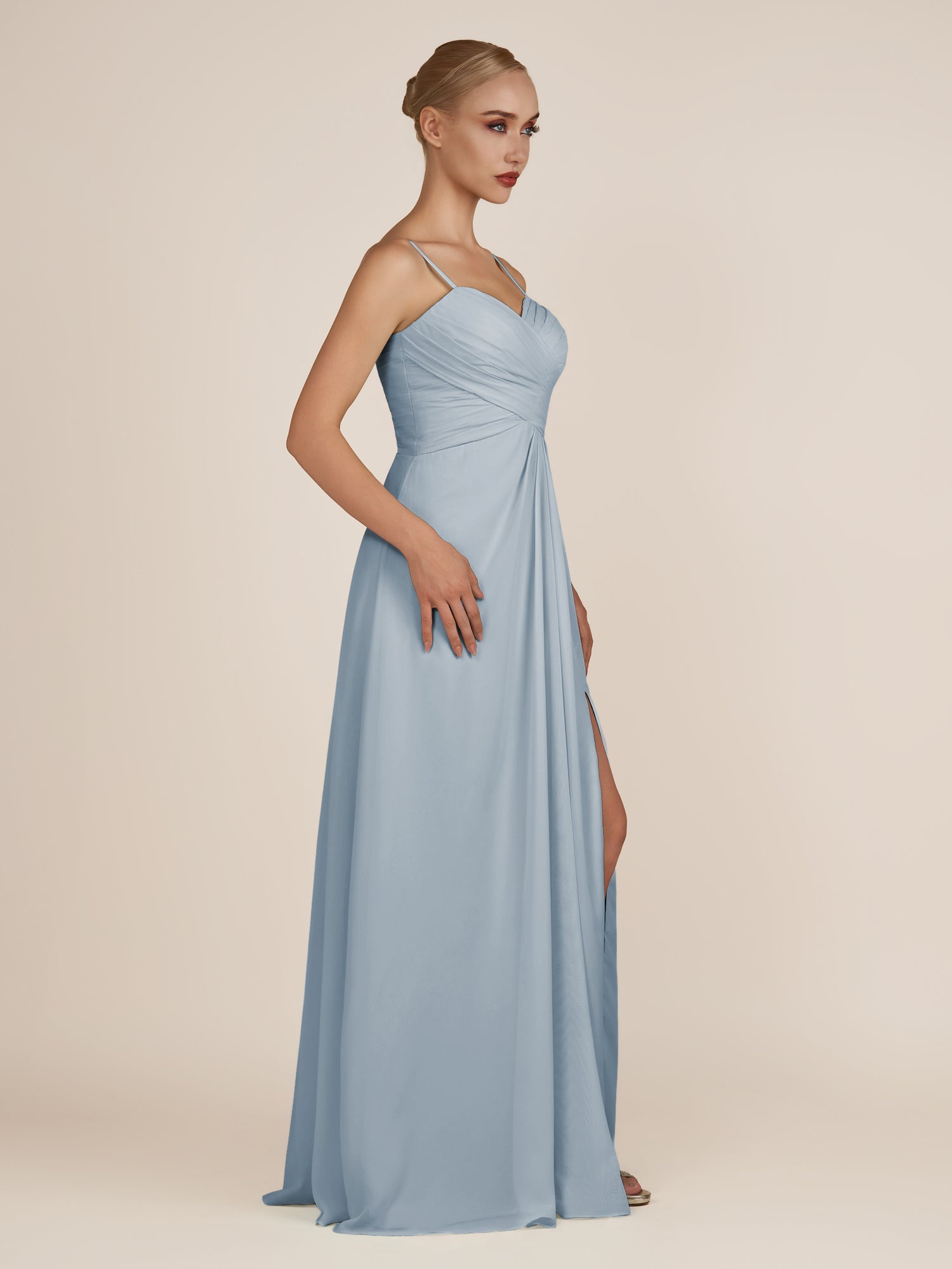 KissDress-Ysolina Dusty Blue A Line Sweetheart Chiffon Pleated Long Bridesmaid Dress with Slit