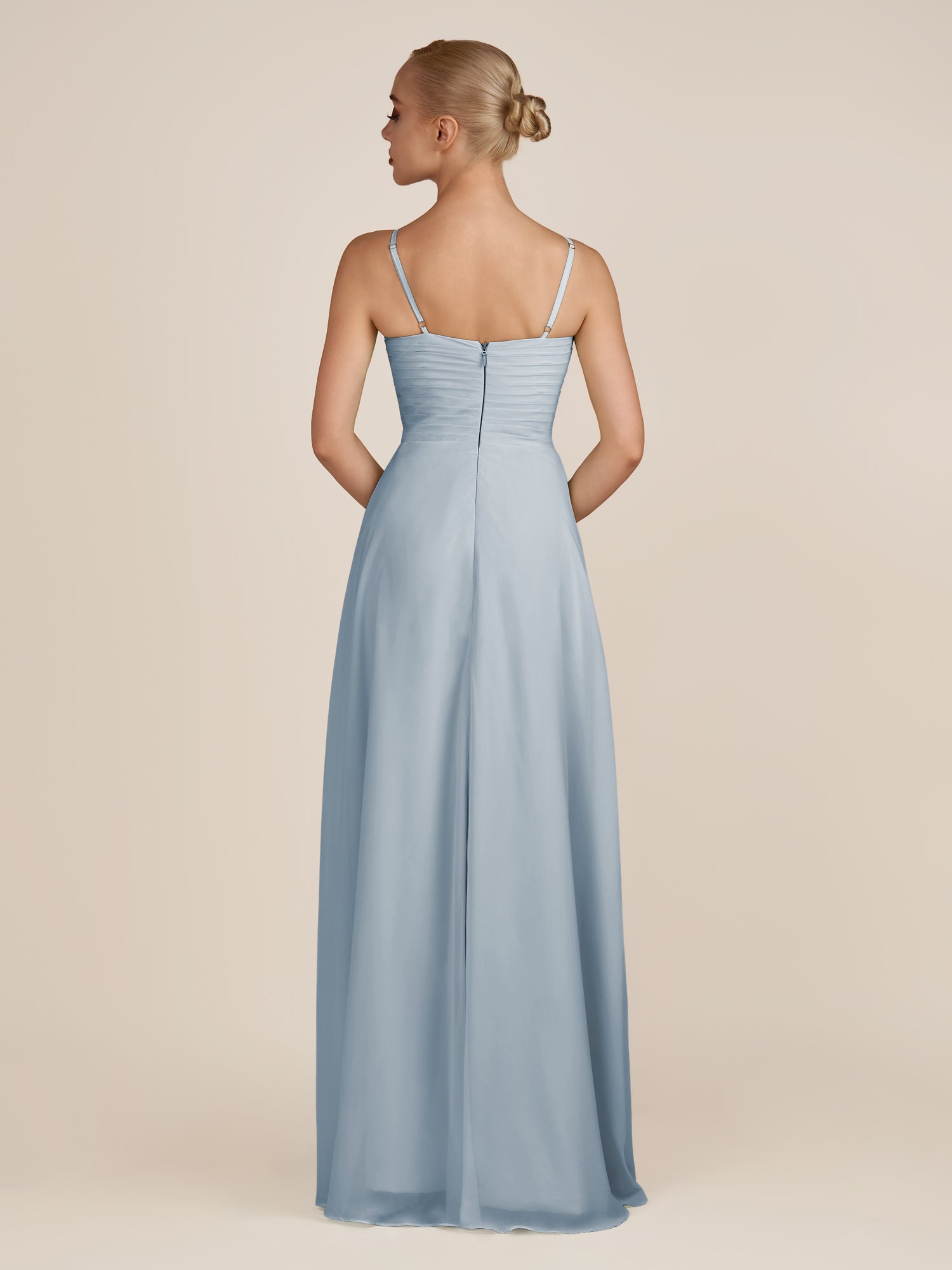 KissDress-Ysolina Dusty Blue A Line Sweetheart Chiffon Pleated Long Bridesmaid Dress with Slit