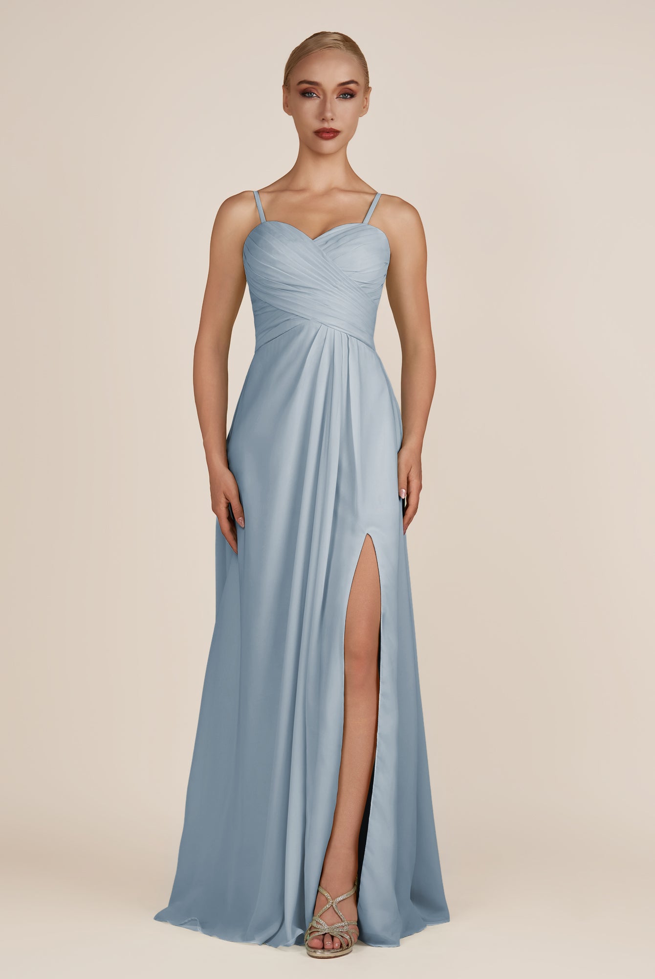 KissDress-Ysolina Dusty Blue A Line Sweetheart Chiffon Pleated Long Bridesmaid Dress with Slit
