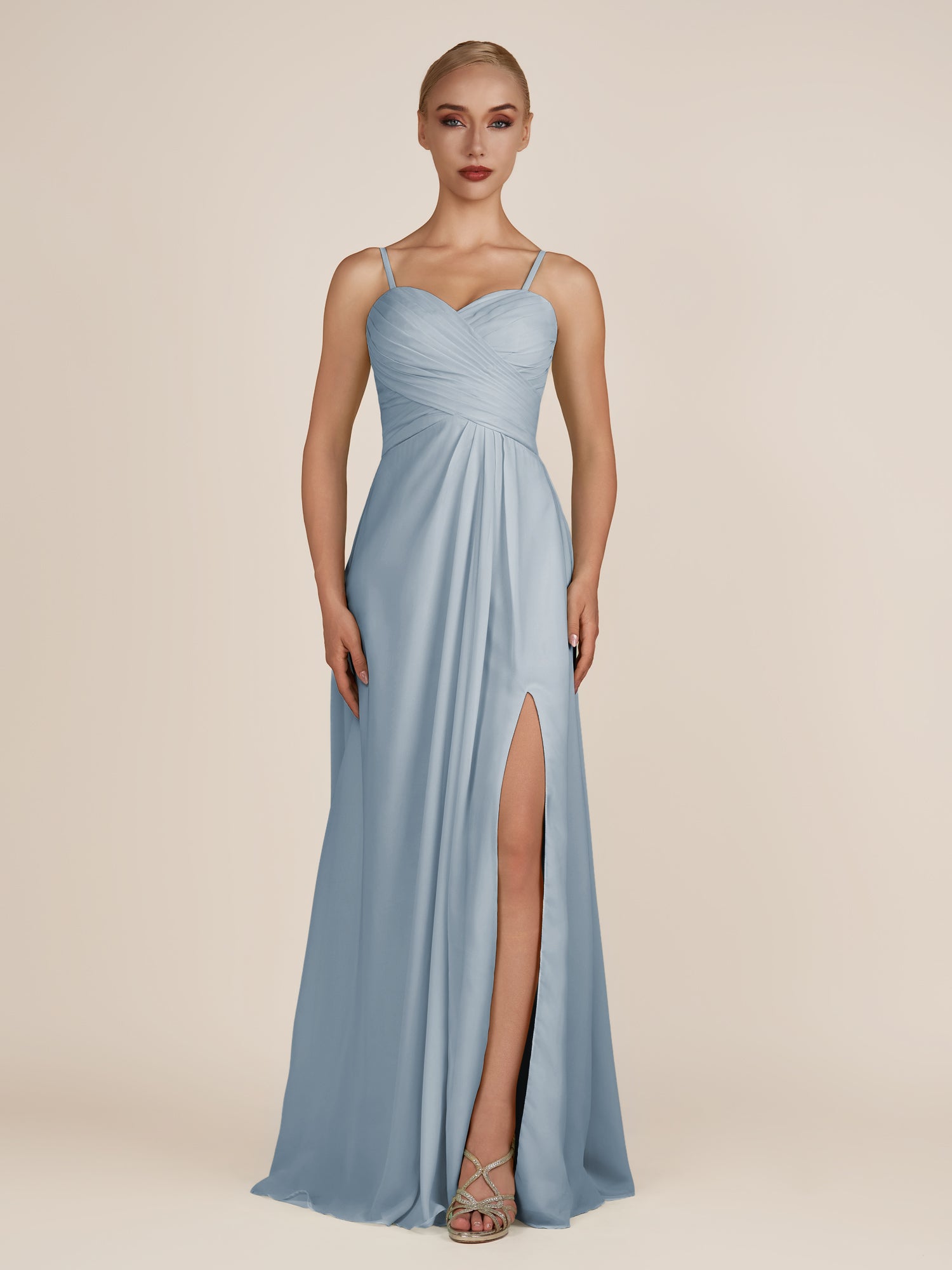KissDress-Ysolina Dusty Blue A Line Sweetheart Chiffon Pleated Long Bridesmaid Dress with Slit