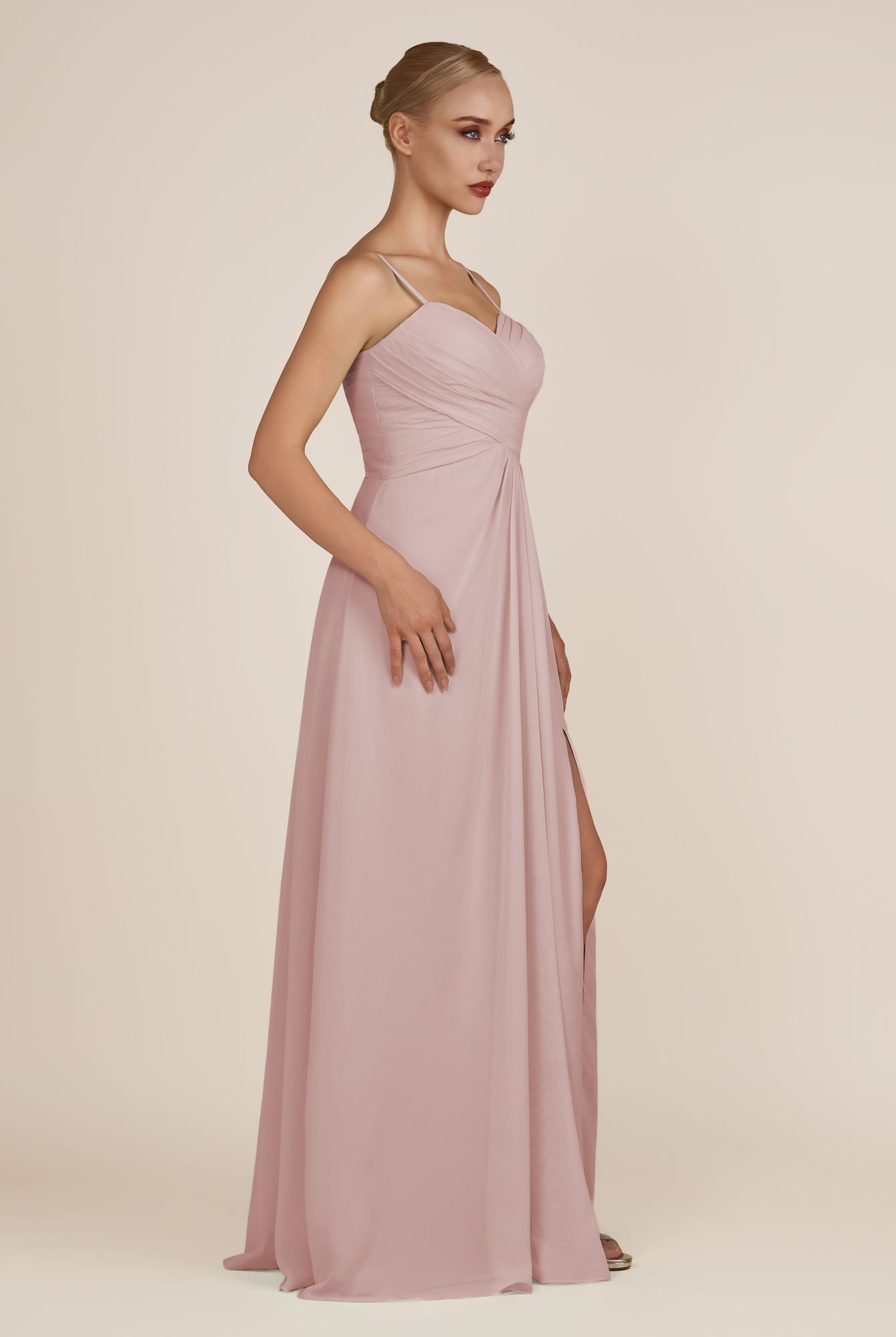 KissDress-Ysolina Dusty Rose A Line Sweetheart Chiffon Pleated Long Bridesmaid Dress with Slit