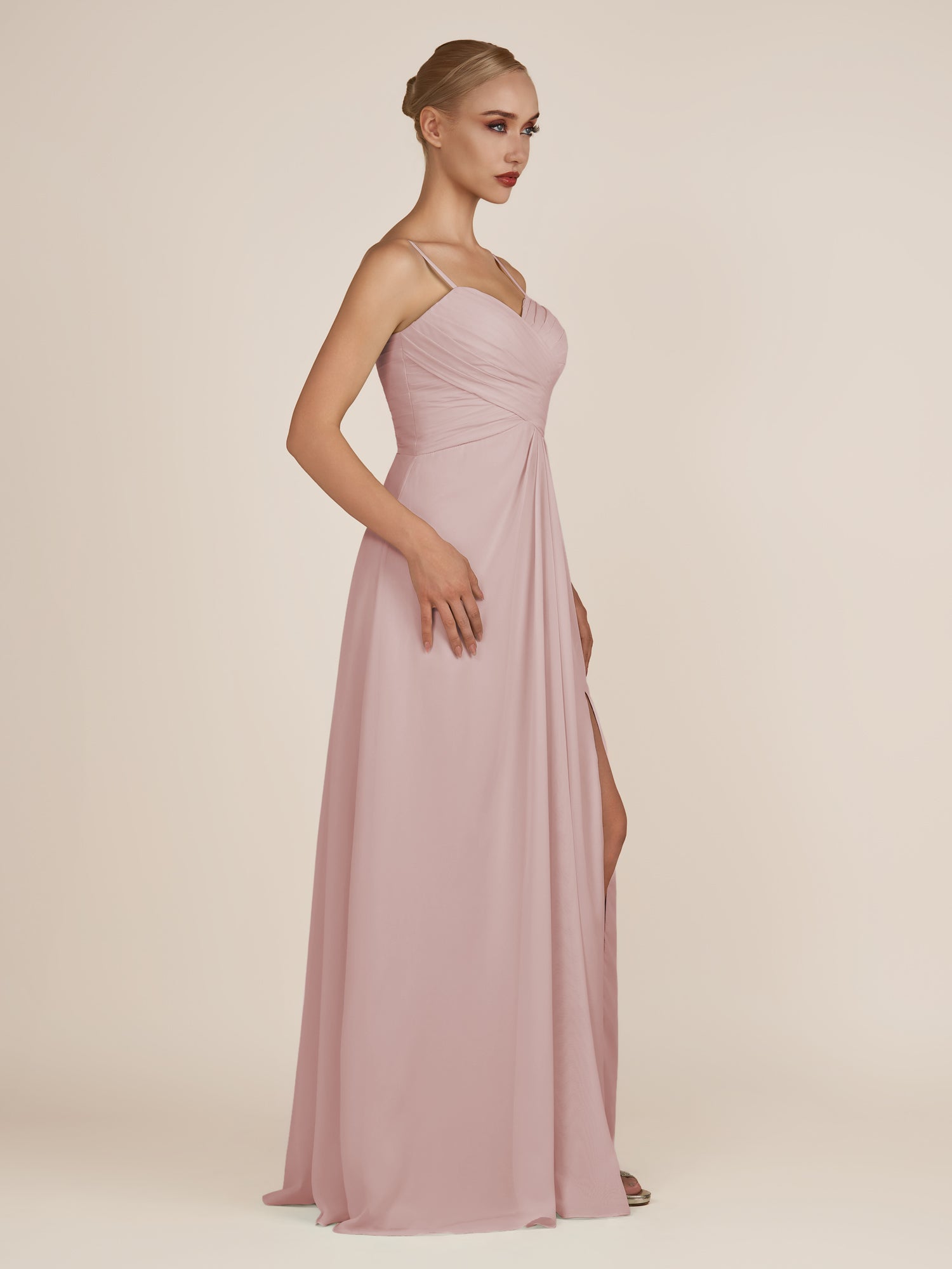 KissDress-Ysolina Dusty Rose A Line Sweetheart Chiffon Pleated Long Bridesmaid Dress with Slit