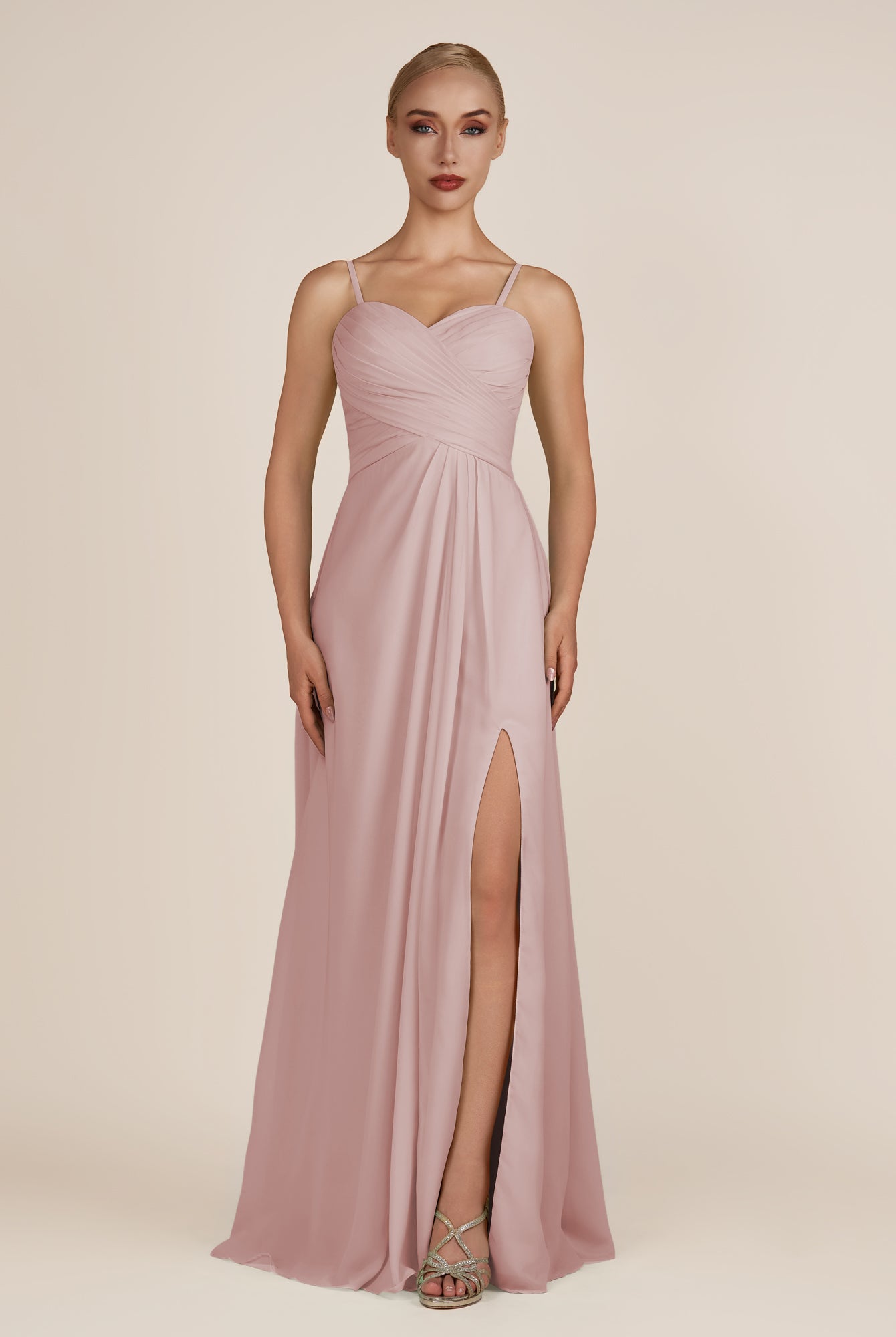 KissDress-Ysolina Dusty Rose A Line Sweetheart Chiffon Pleated Long Bridesmaid Dress with Slit