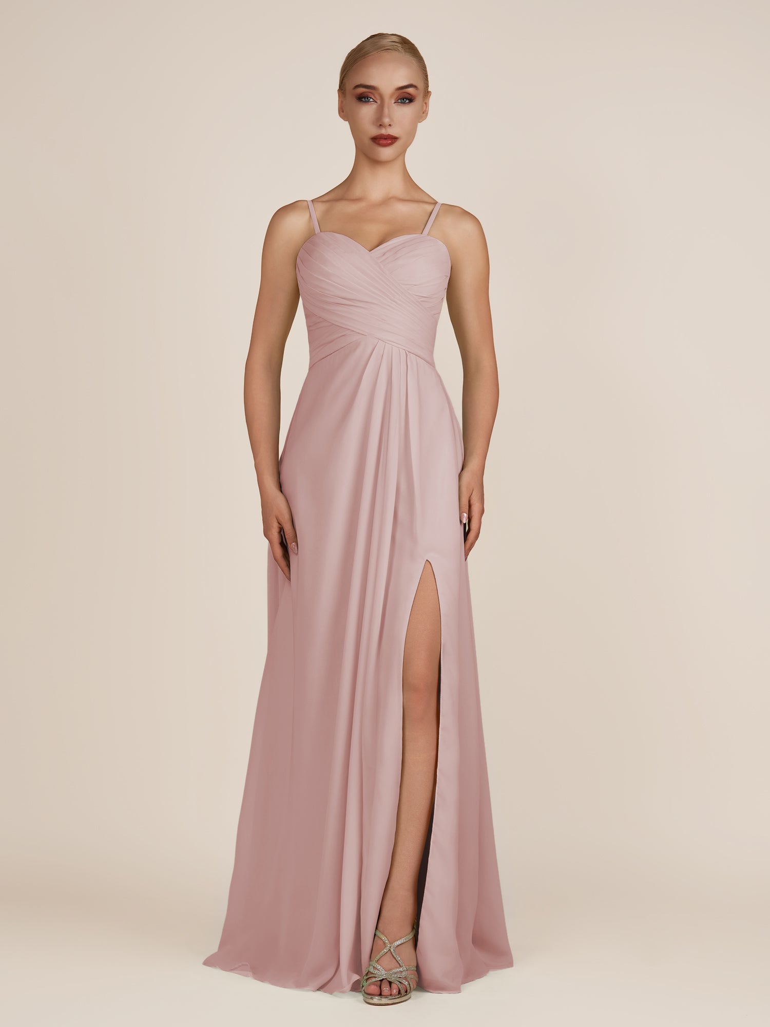 KissDress-Ysolina Dusty Rose A Line Sweetheart Chiffon Pleated Long Bridesmaid Dress with Slit