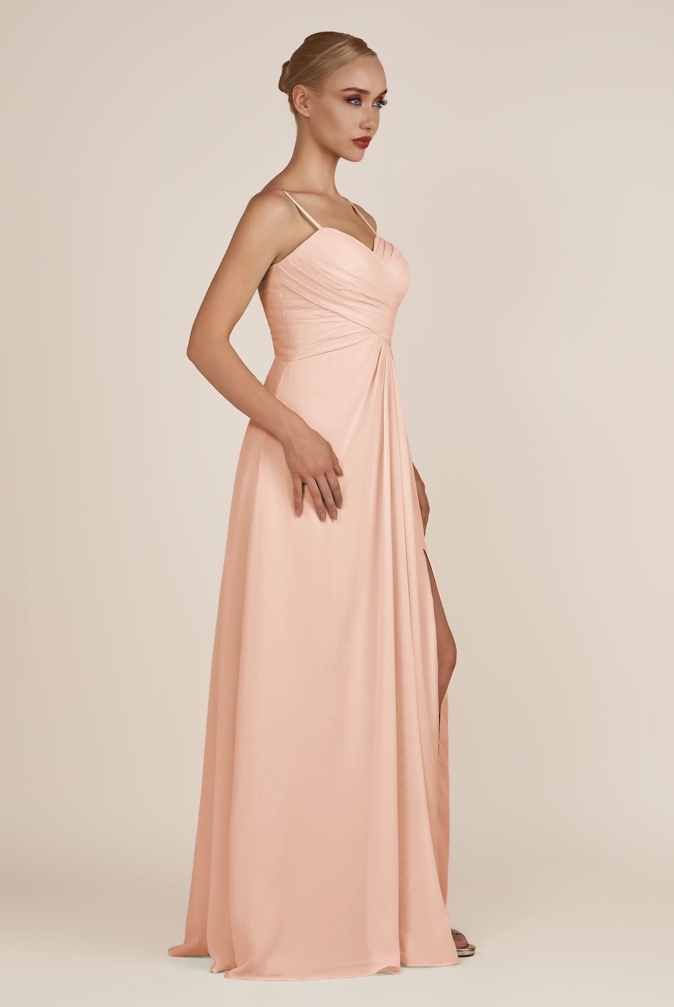 KissDress-Ysolina English Rose A Line Sweetheart Chiffon Pleated Long Bridesmaid Dress with Slit