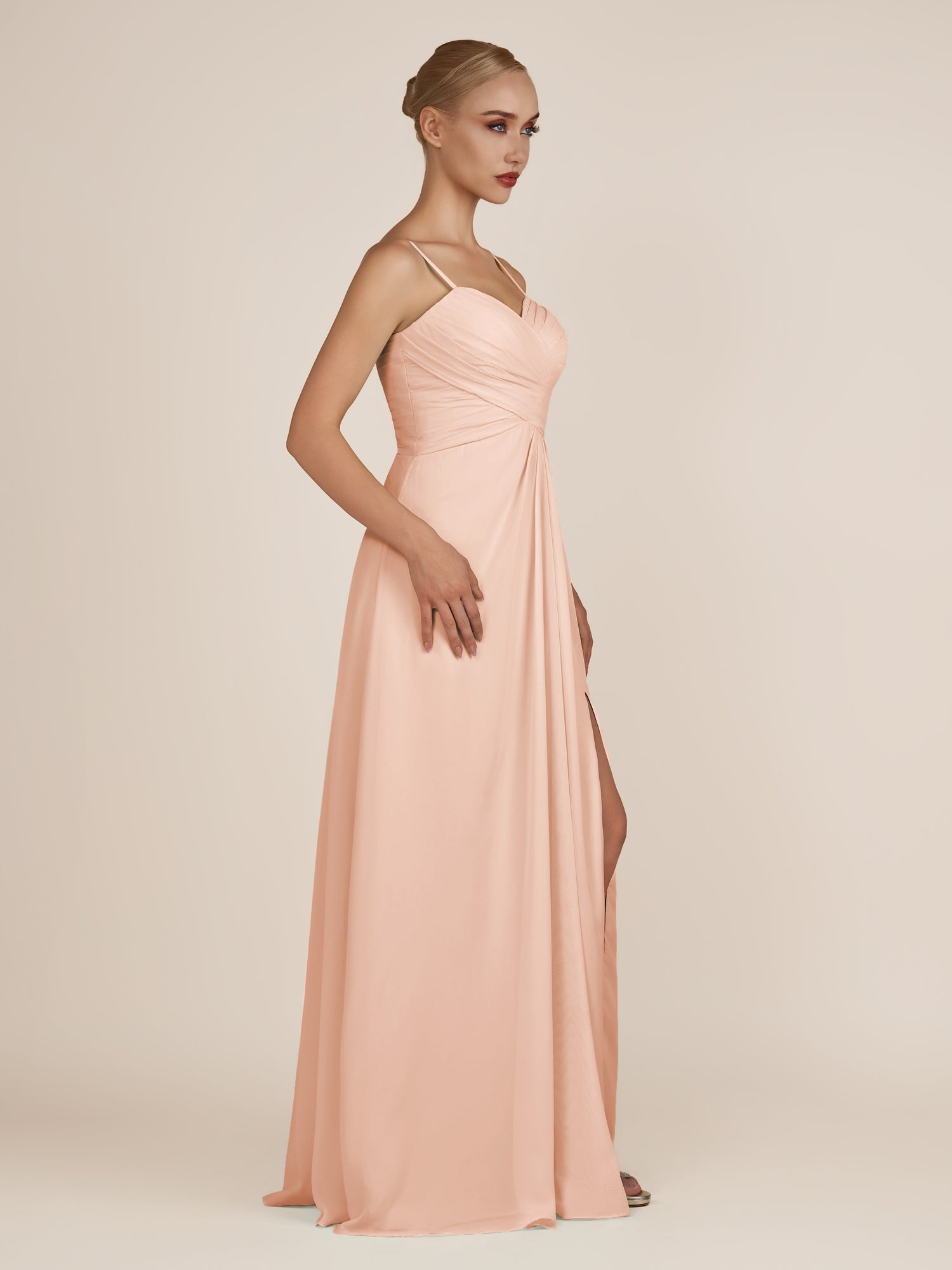 KissDress-Ysolina English Rose A Line Sweetheart Chiffon Pleated Long Bridesmaid Dress with Slit