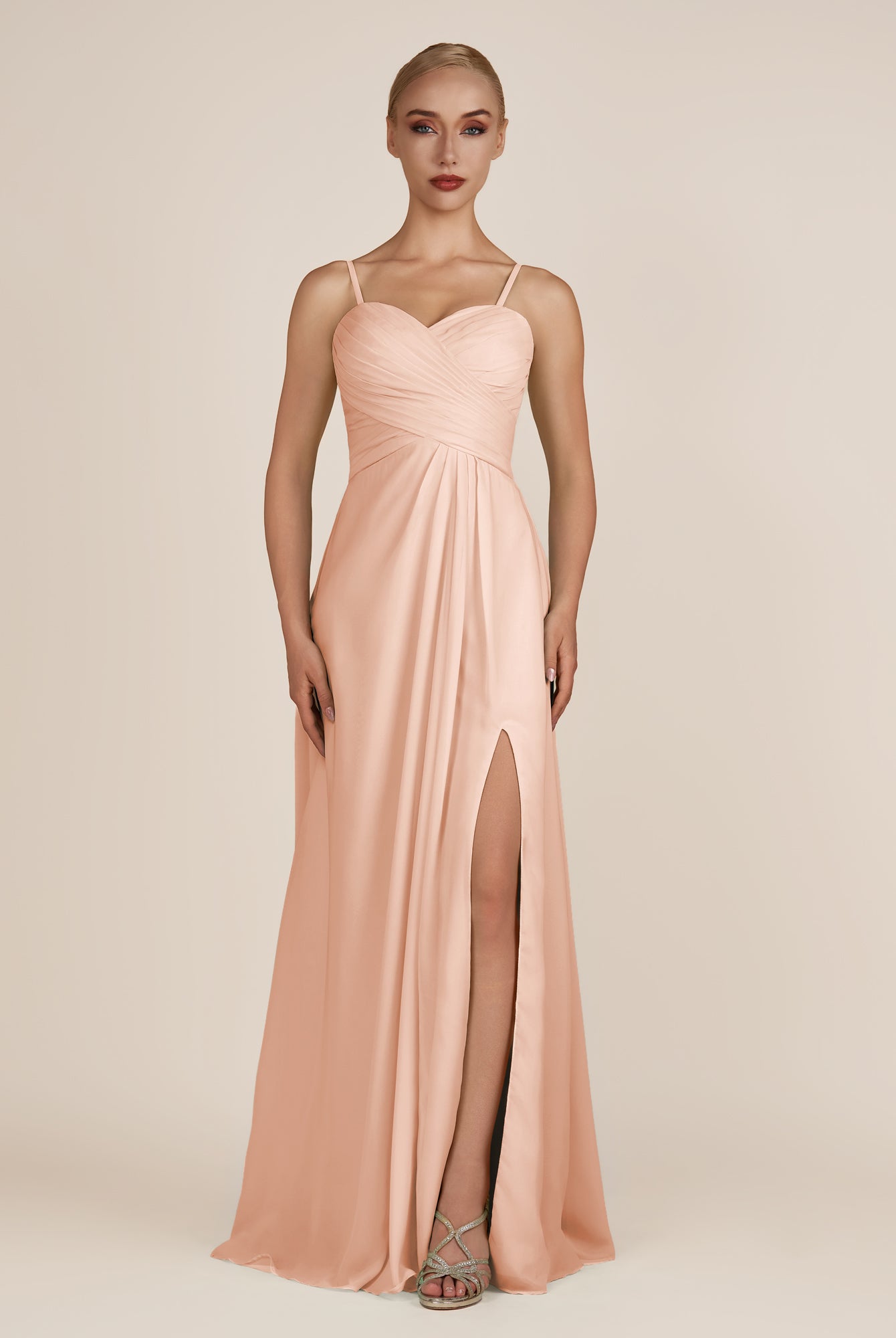 KissDress-Ysolina English Rose A Line Sweetheart Chiffon Pleated Long Bridesmaid Dress with Slit